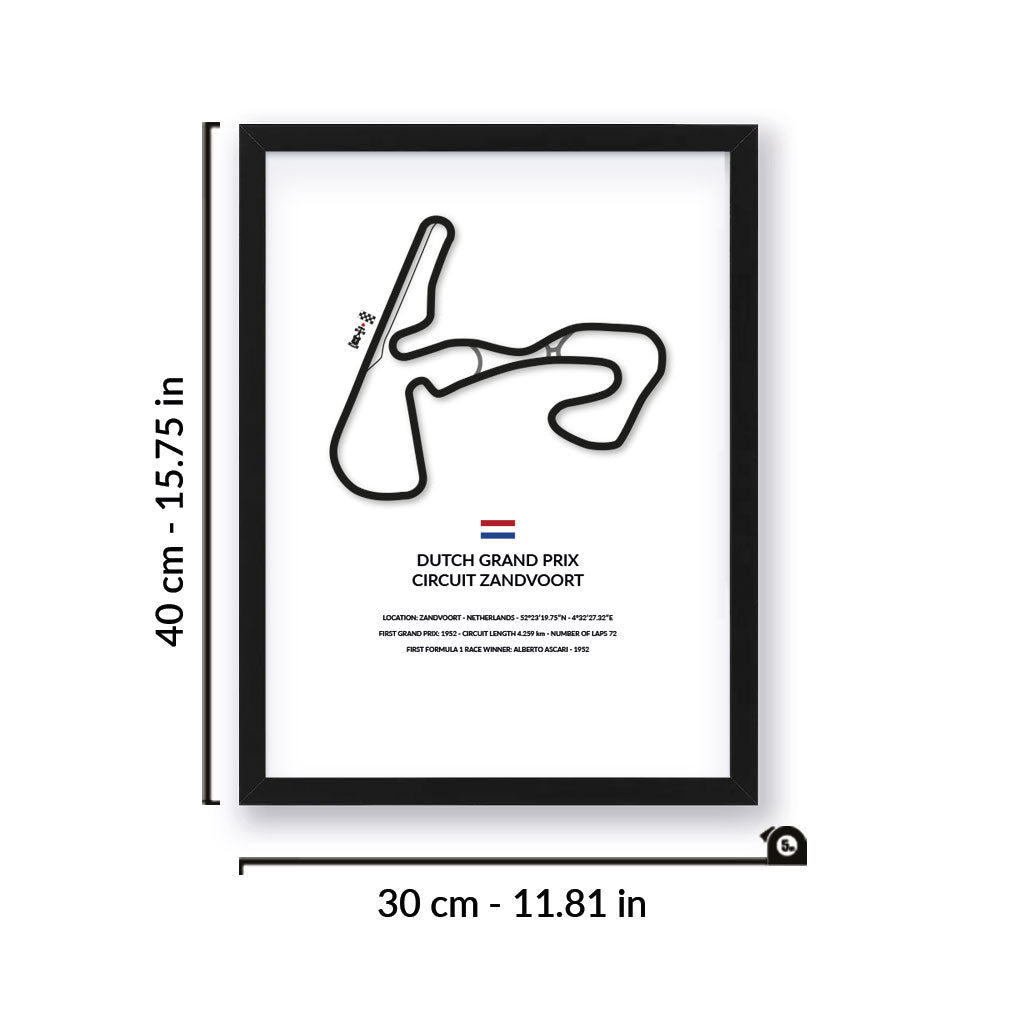 Dutch Grand Prix wall art by Siluet light theme print with black frame on a white wall background with measurement details