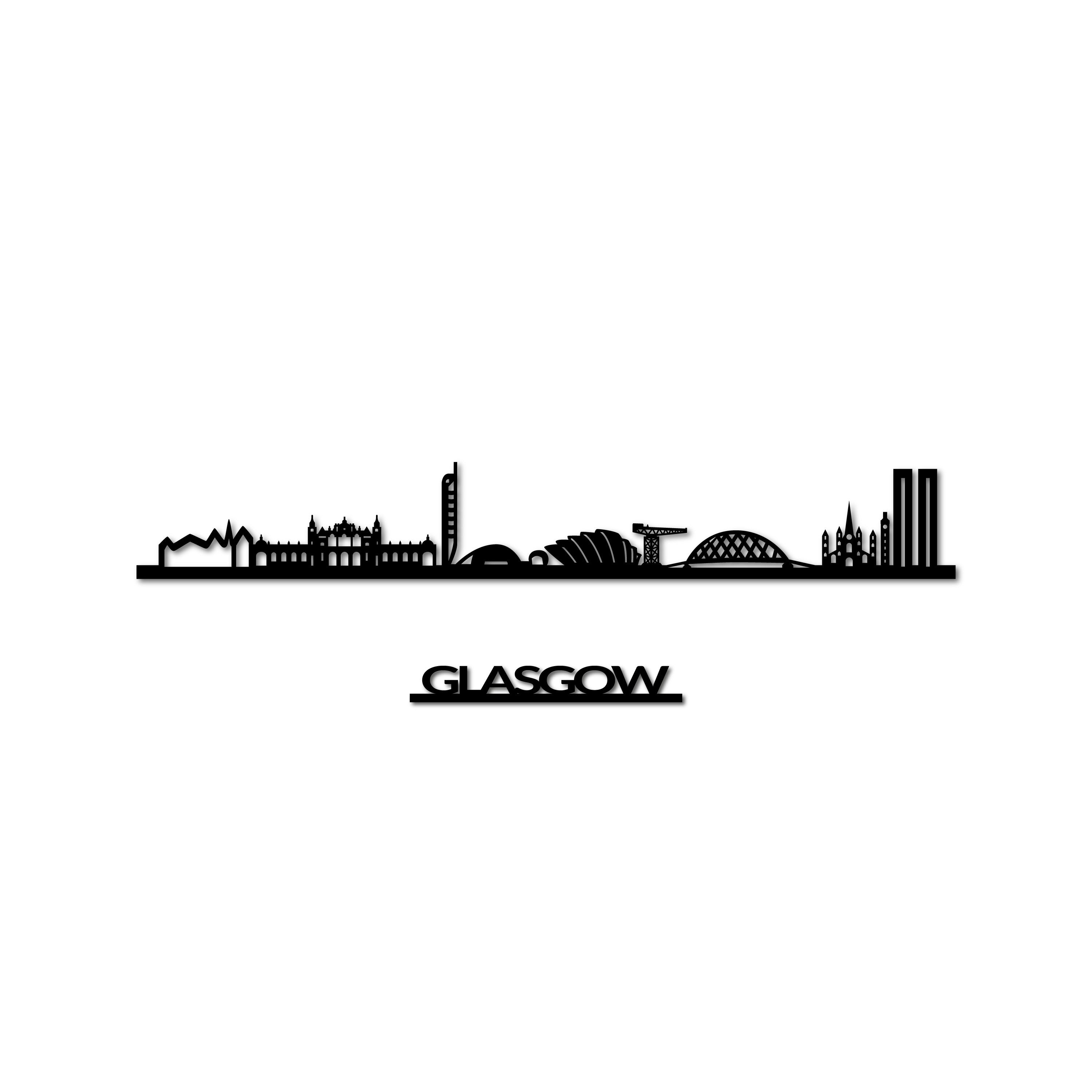 Glasgow Skyline, Laser-cut in Matte Black Acrylic, with the City's Name Lettering Bellow, on a White Background