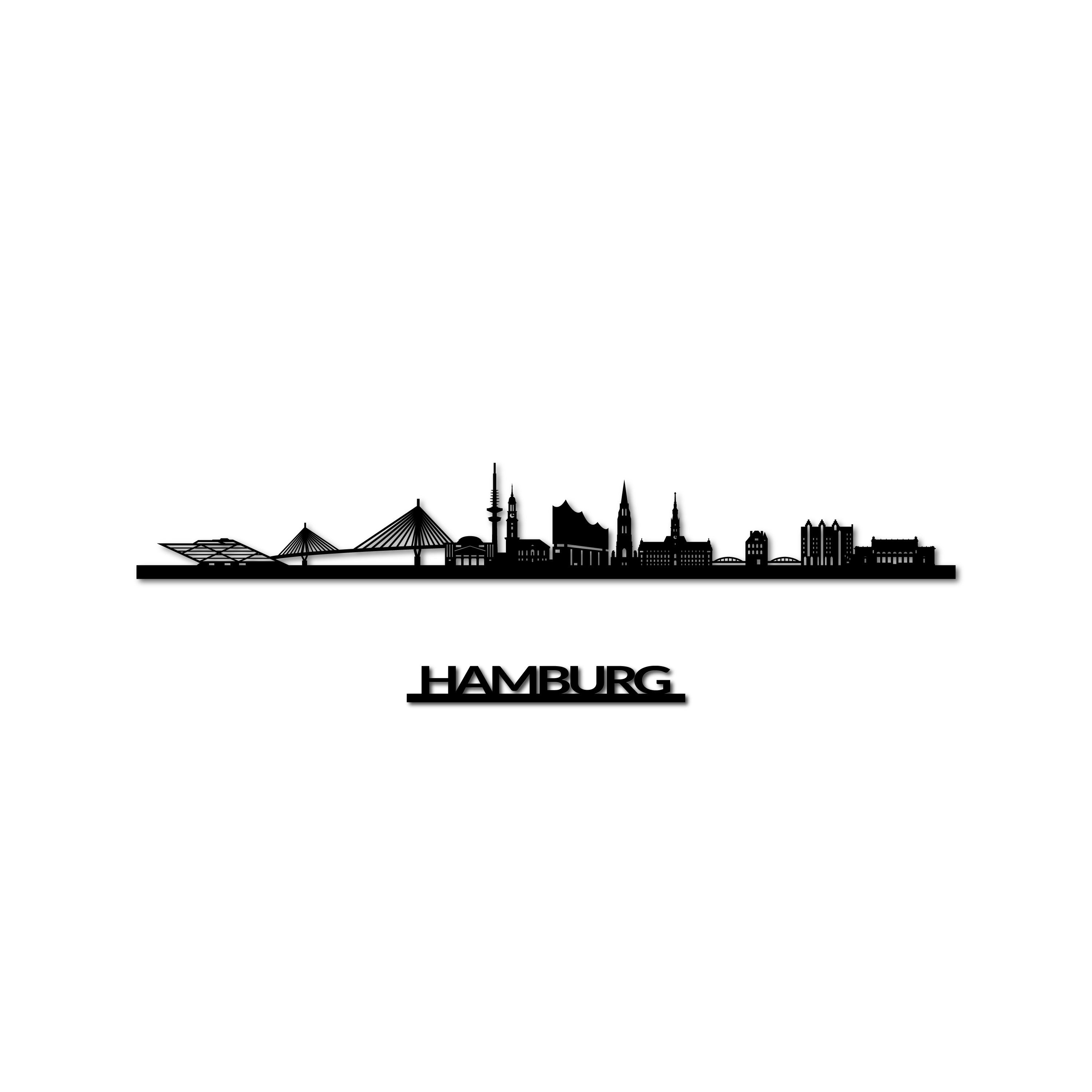 Hamburg Skyline, Laser-cut in Matte Black Acrylic, with the City's Name Lettering Bellow, on a White Background