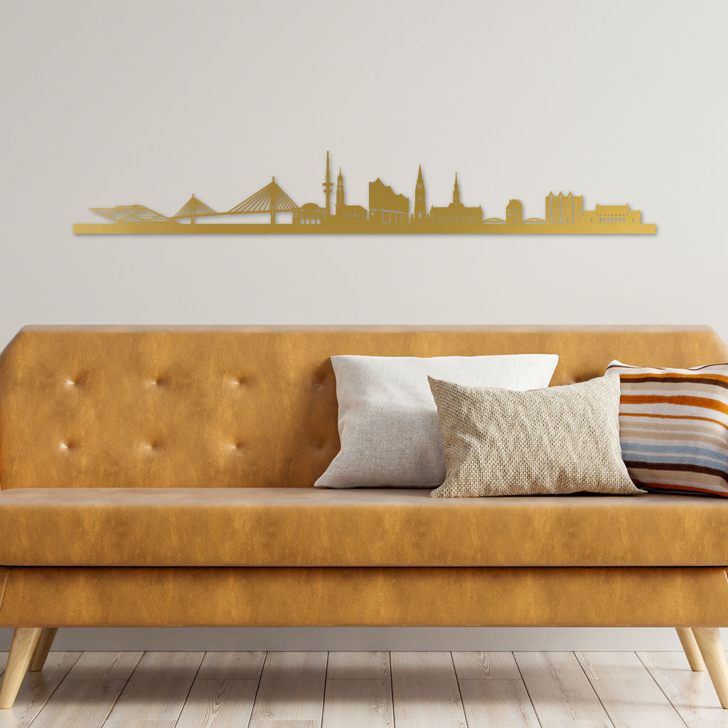 Hamburg Skyline Gold By Siluet In Livingroom With Leather Sofa