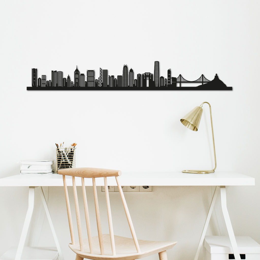Hong Kong Skyline laser-cut in Matte Black reclycled acrylic on Seating Room's Wall