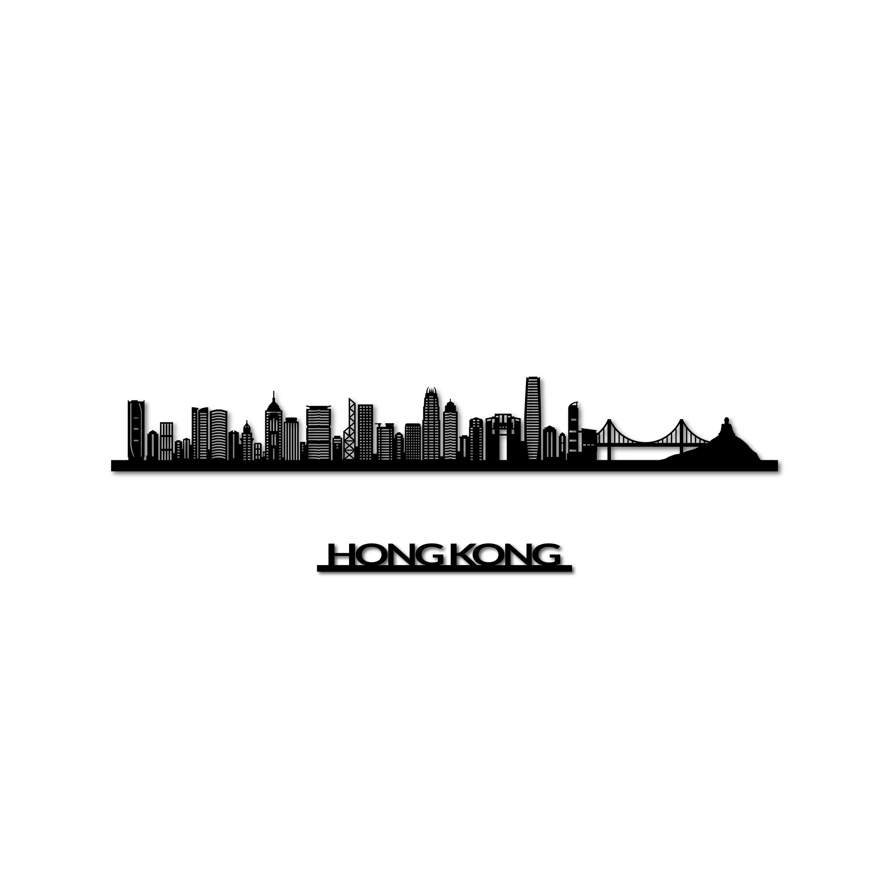 Hong Kong Skyline, Laser-cut in Matte Black Acrylic, with the City's Name Lettering Bellow, on a White Background