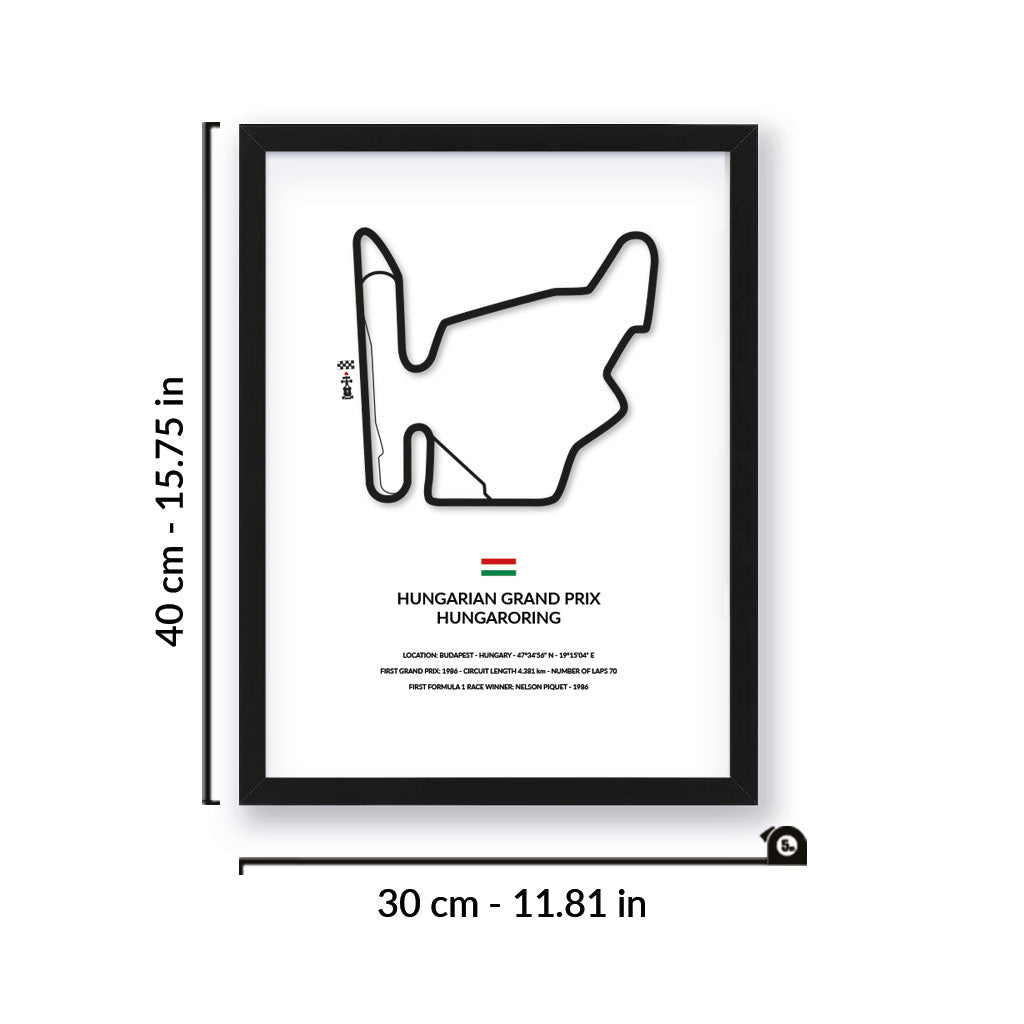 Hungarian Grand Prix wall art by Siluet light theme print with black frame on a white wall background with measurement details