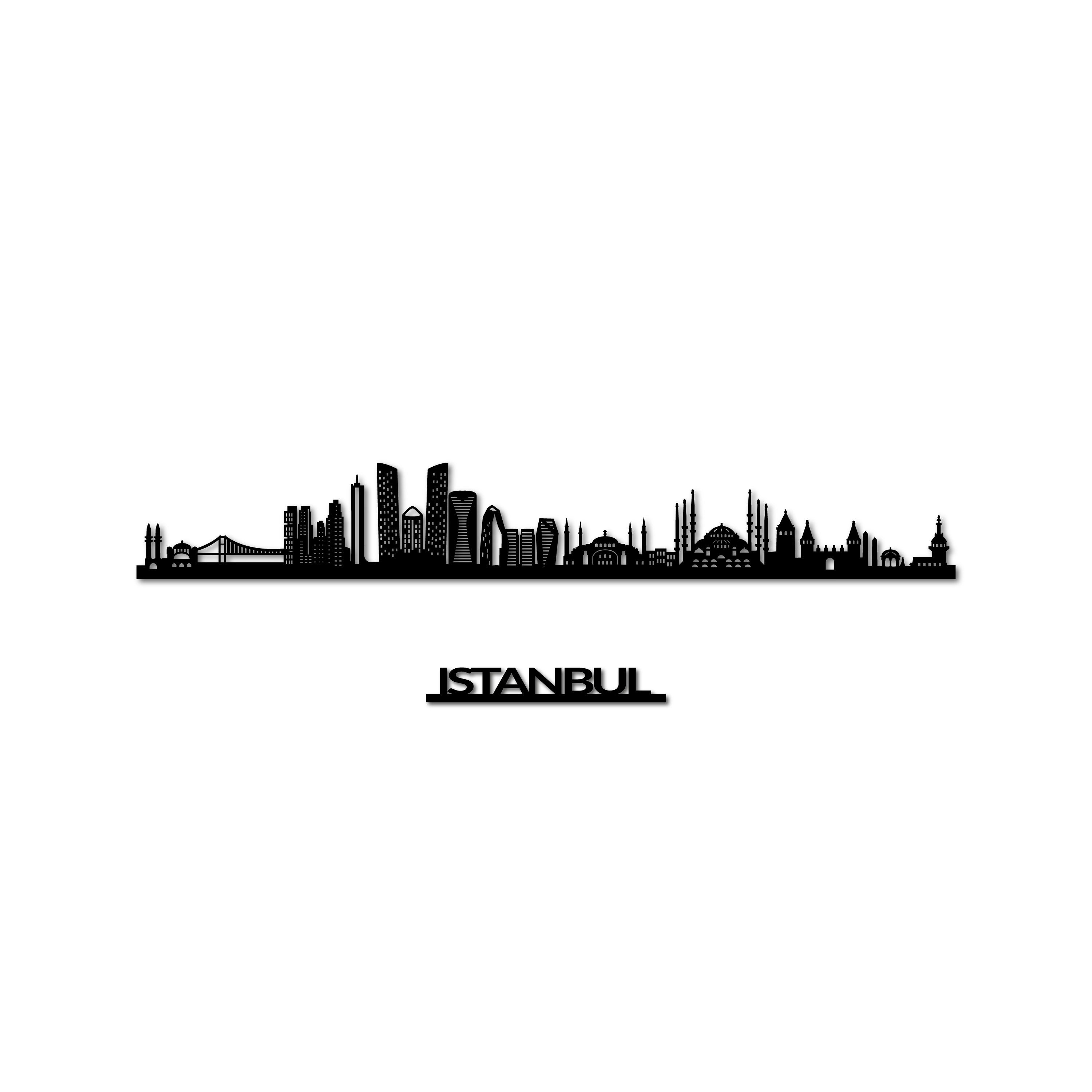 Istanbul Skyline, Laser-cut in Matte Black Acrylic, with the City's Name Lettering Bellow, on a White Background