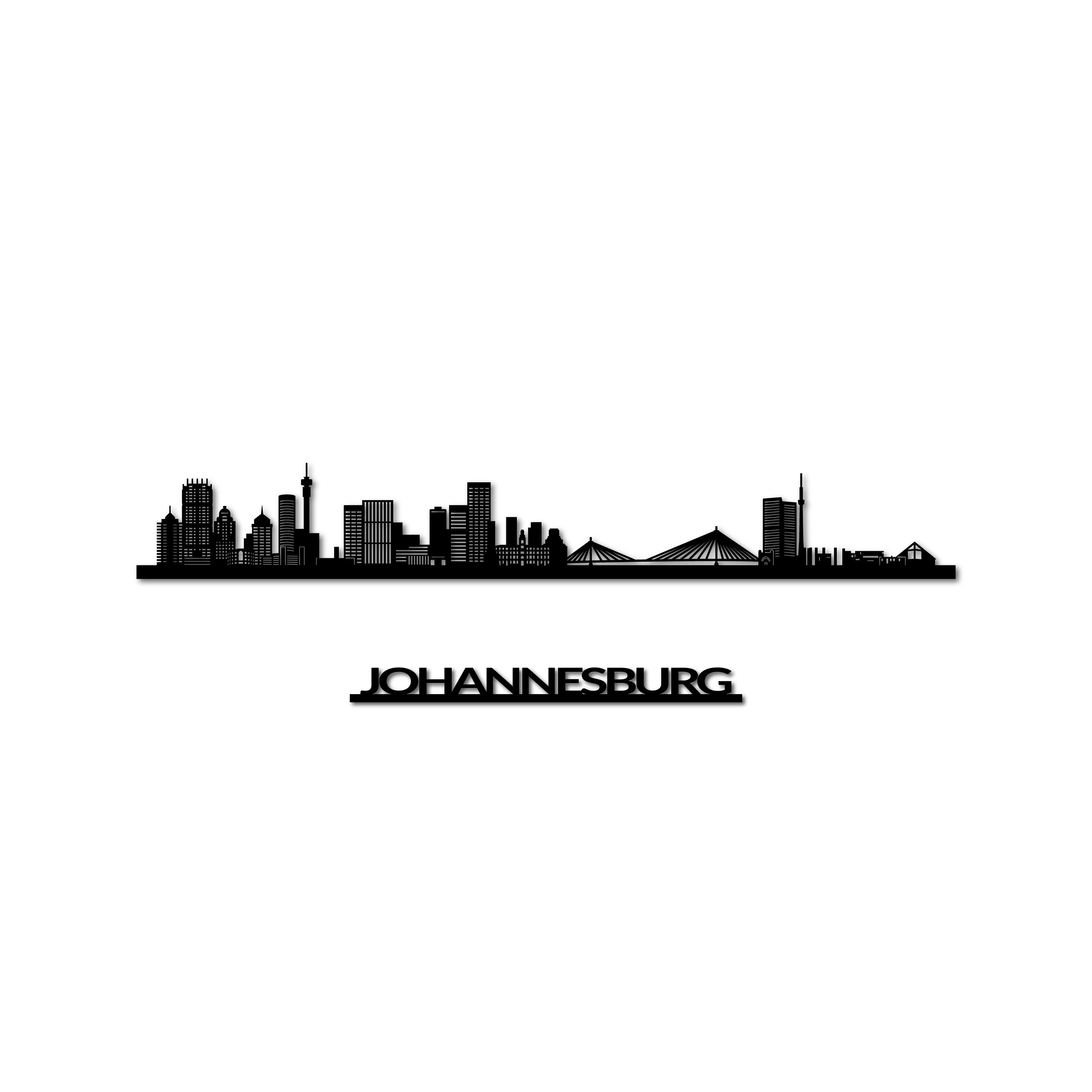 Johannesburg Skyline, Laser-cut in Matte Black Acrylic, with the City's Name Lettering Bellow, on a White Background