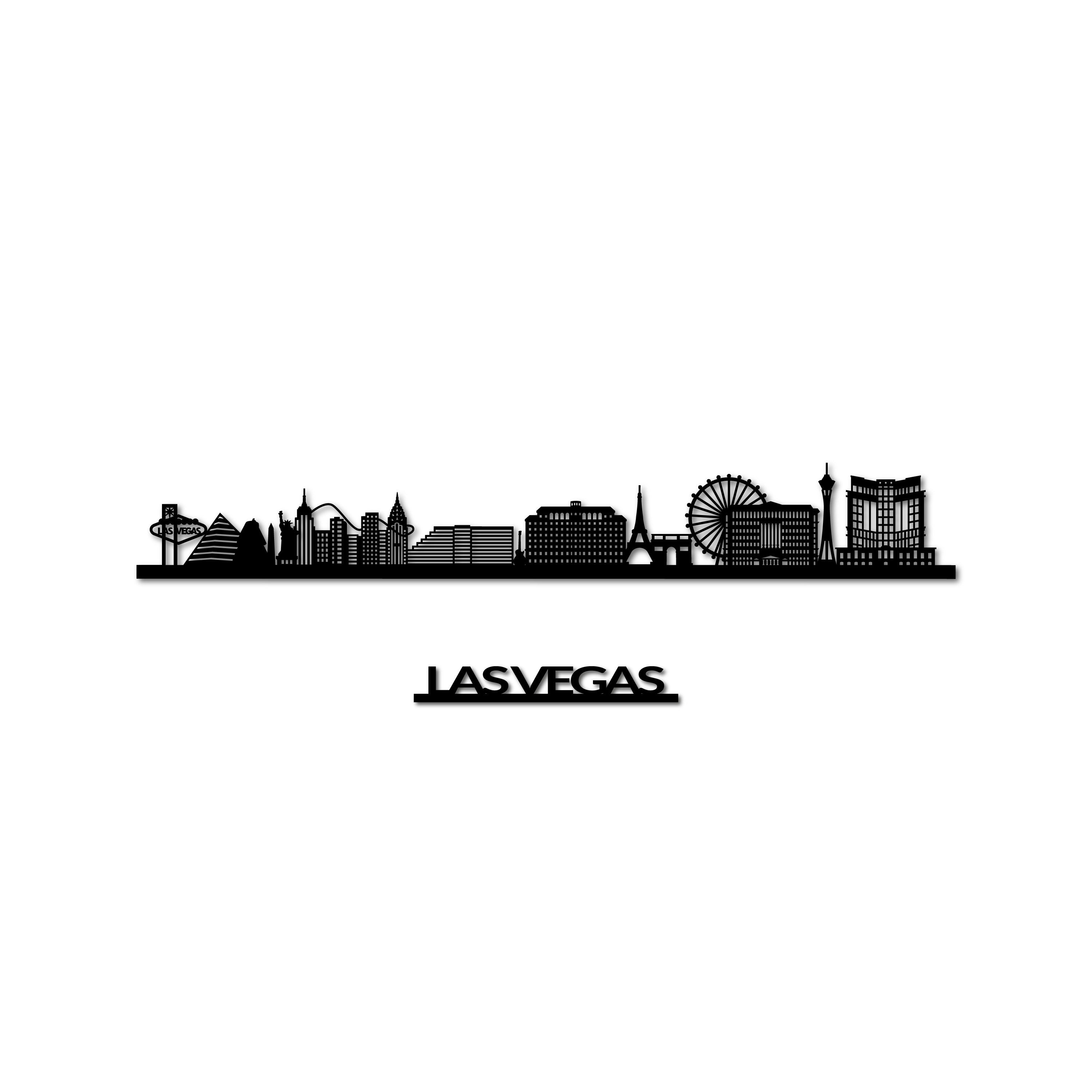 Las Vegas Skyline, Laser-cut in Matte Black Acrylic, with the City's Name Lettering Bellow, on a White Background