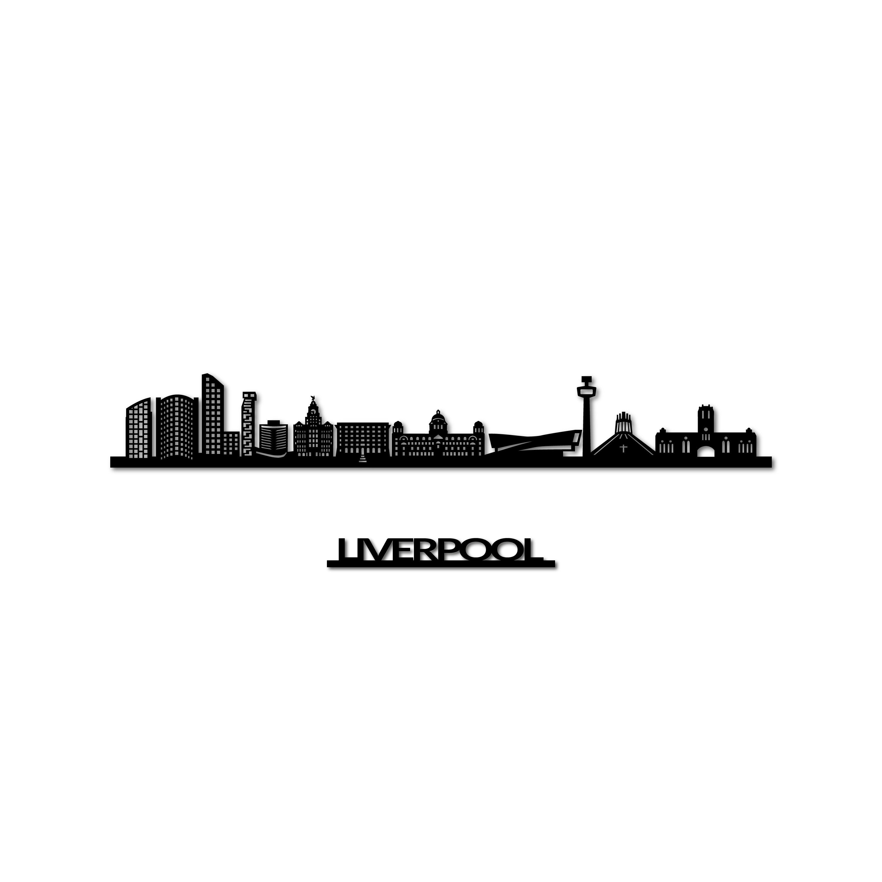 Liverpool Skyline, Laser-cut in Matte Black Acrylic, with the City's Name Lettering Bellow, on a White Background