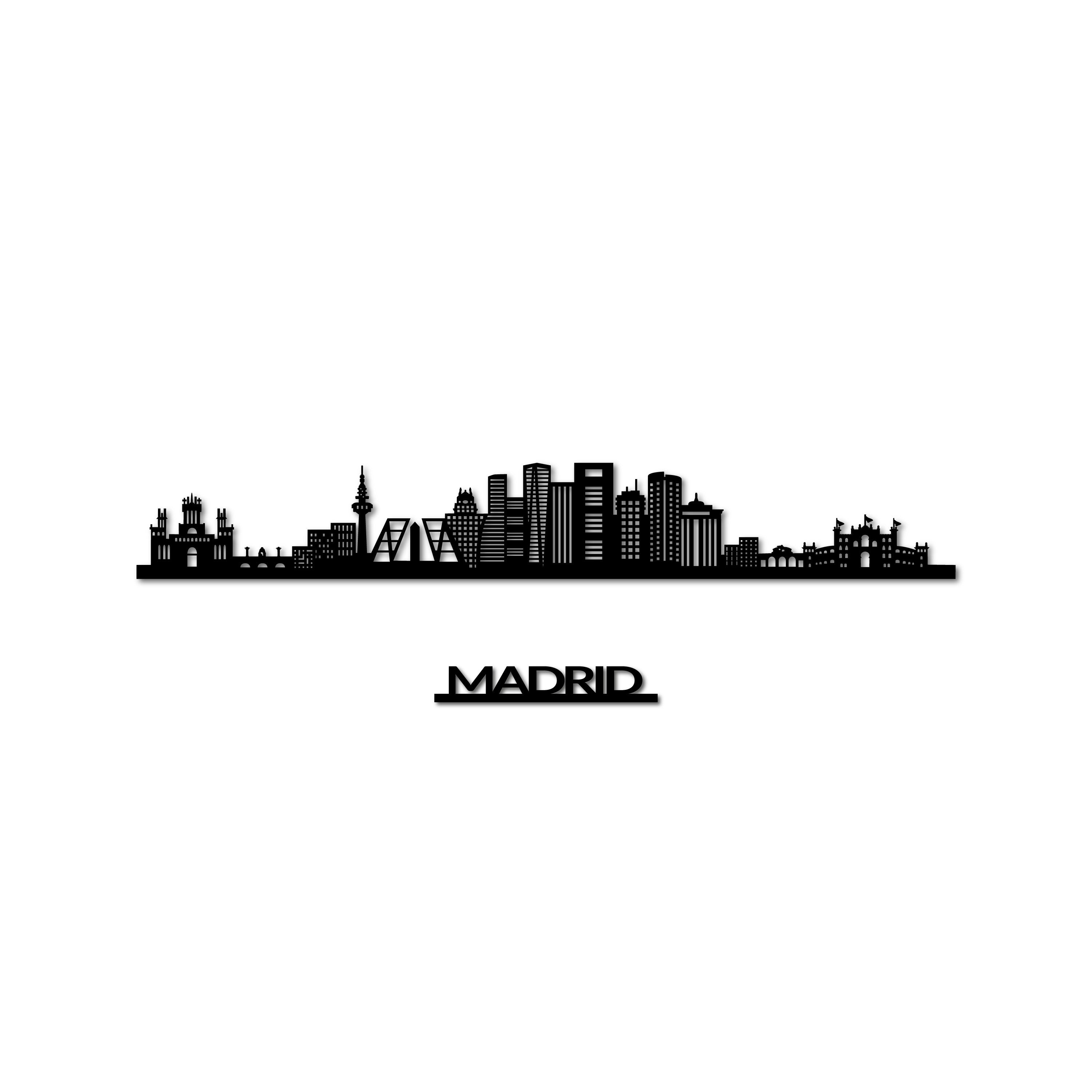 Madrid Skyline, Laser-cut in Matte Black Acrylic, with the City's Name Lettering Bellow, on a White Background