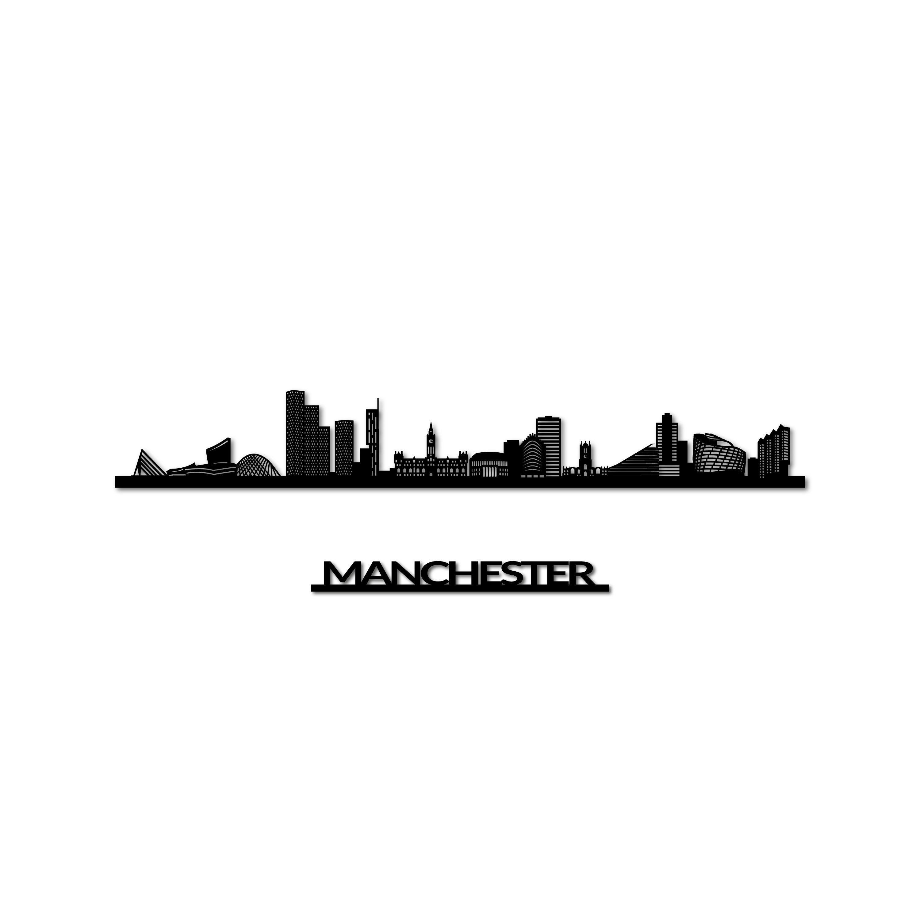 Manchester Skyline, Laser-cut in Matte Black Acrylic, with the City's Name Lettering Bellow, on a White Background