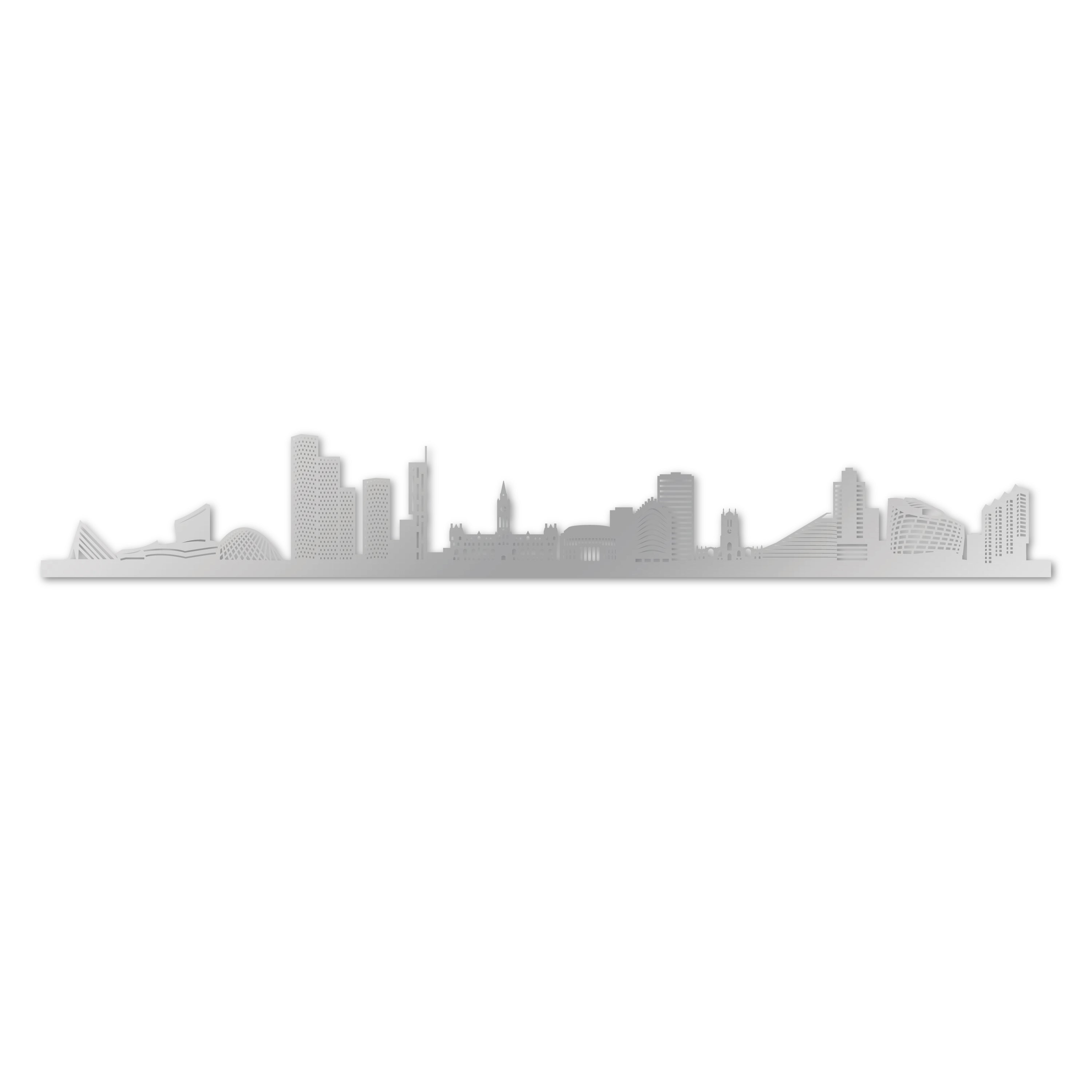 Manchester Skyline, Laser-cut in Silver Acrylic, on a White Background