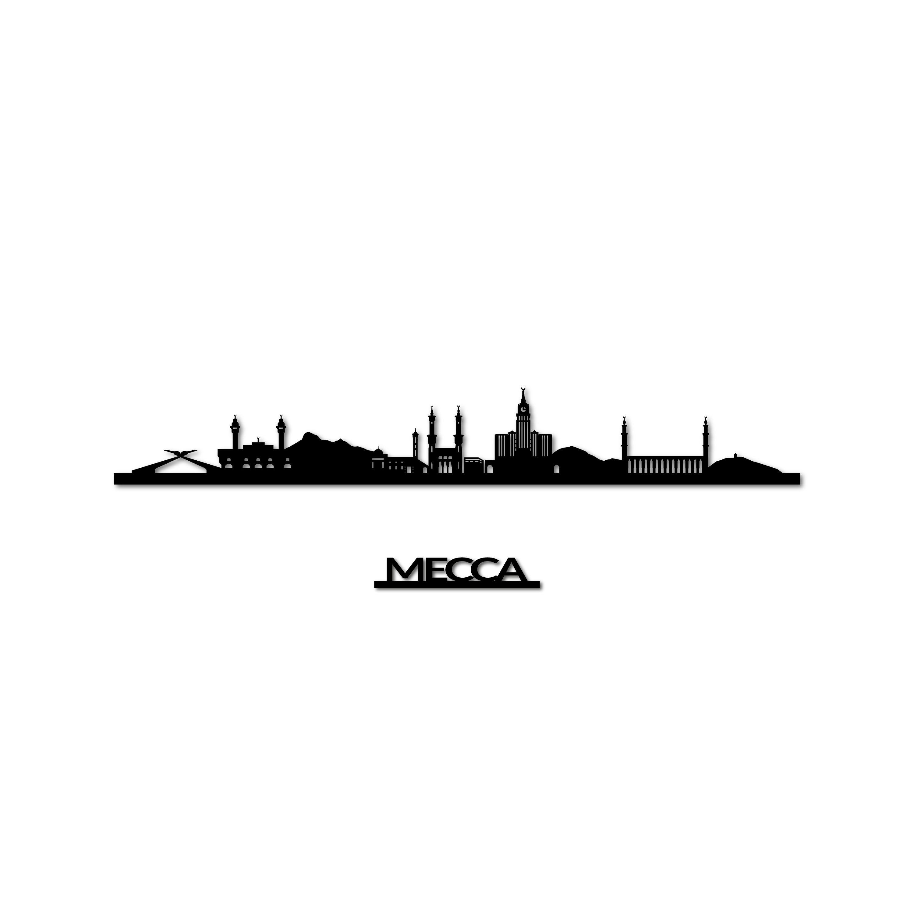 Mecca Skyline, Laser-cut in Matte Black Acrylic, with the City's Name Lettering Bellow, on a White Background