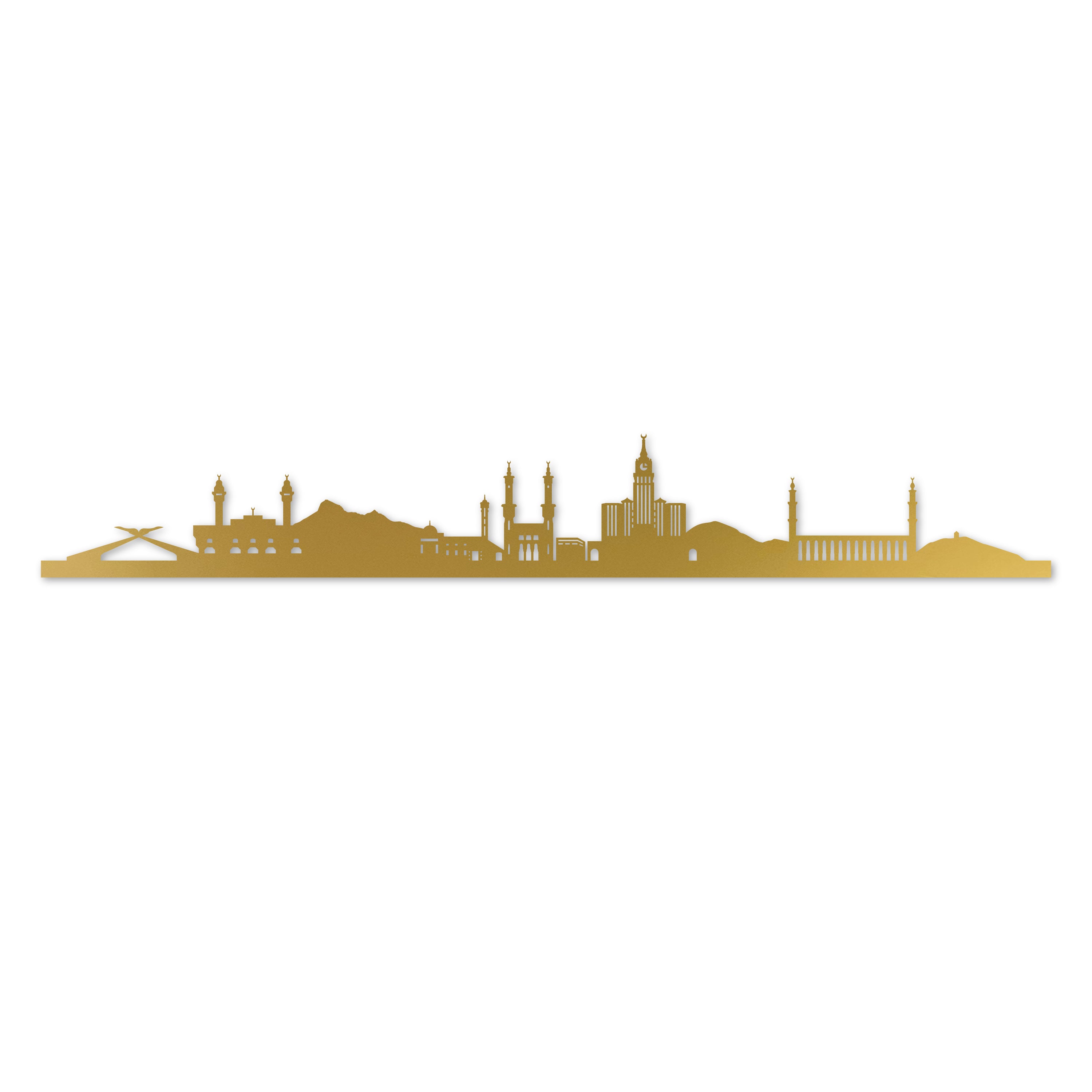Mecca Skyline, Laser-cut in Gold Acrylic, on a White Background