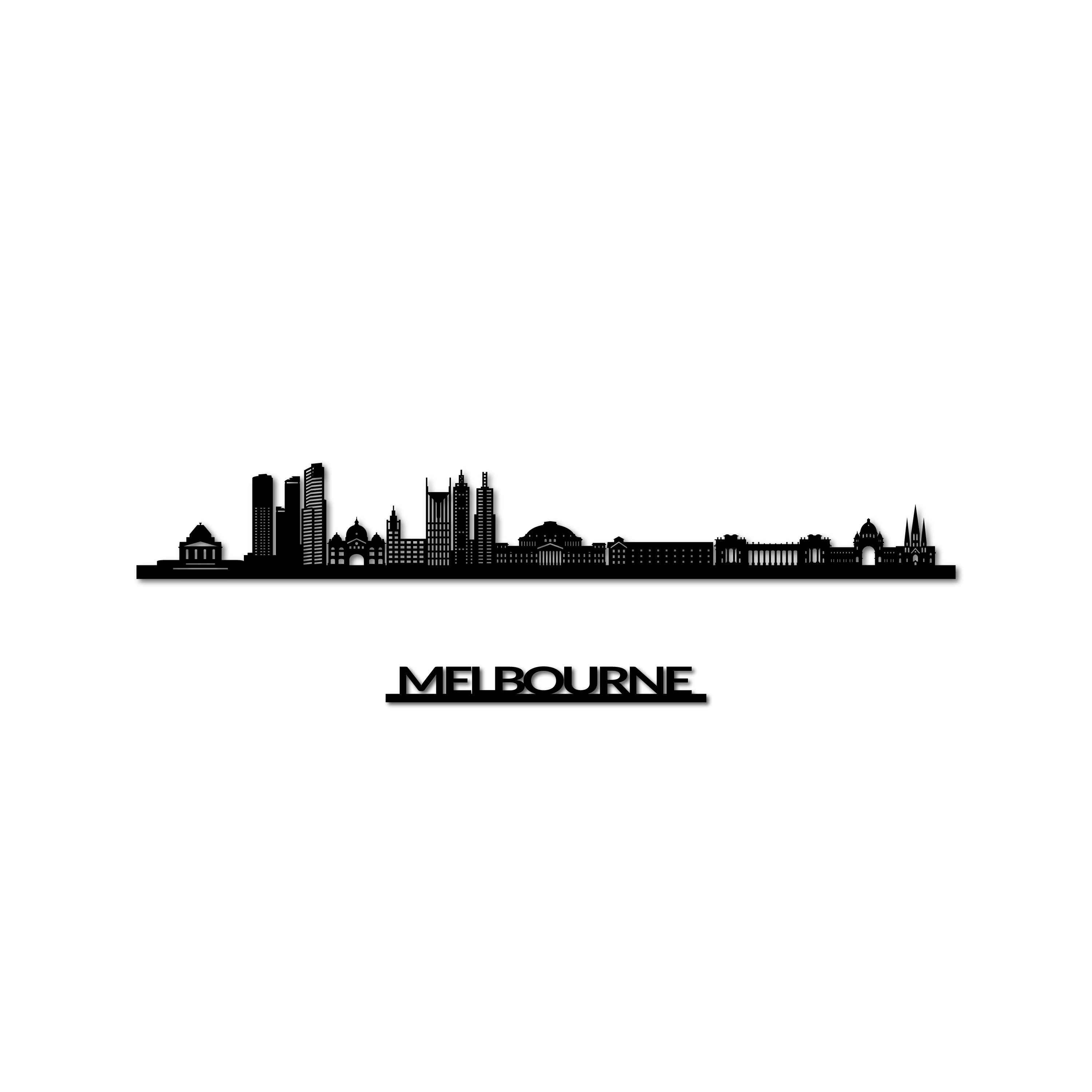 Melbourne Skyline, Laser-cut in Matte Black Acrylic, with the City's Name Lettering Bellow, on a White Background