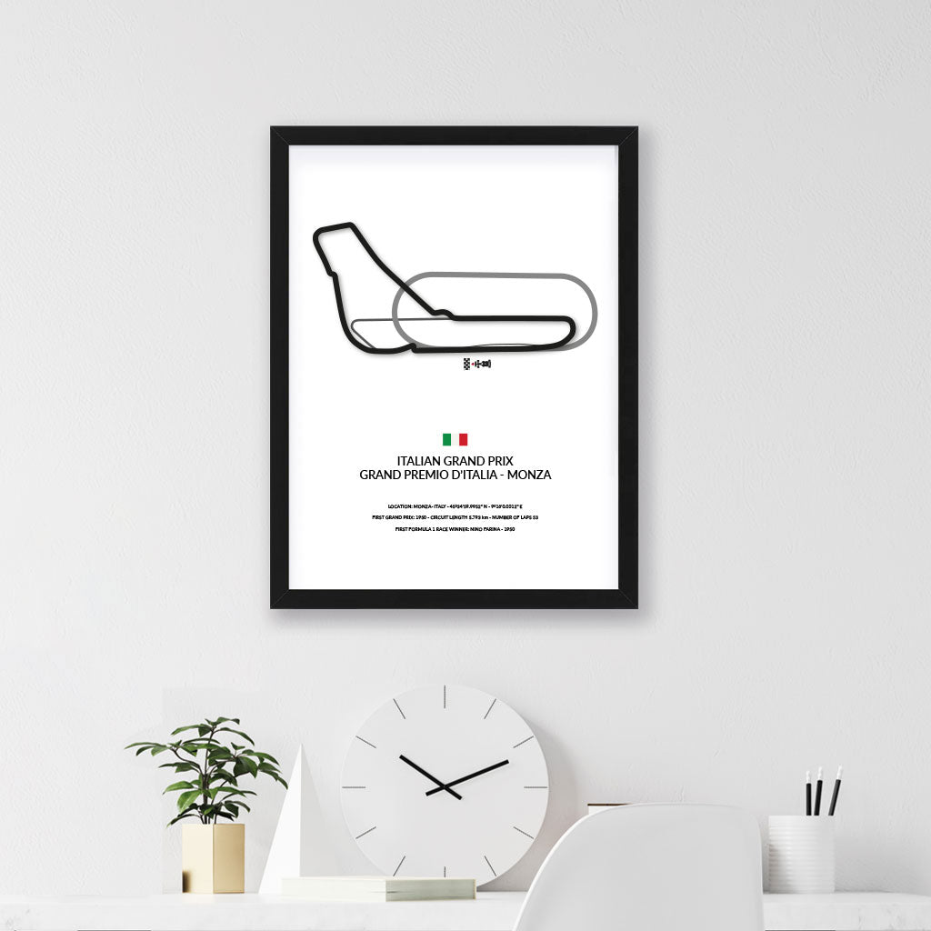 Monza  Grand Prix wall art by Siluet on a white wall above a white clock