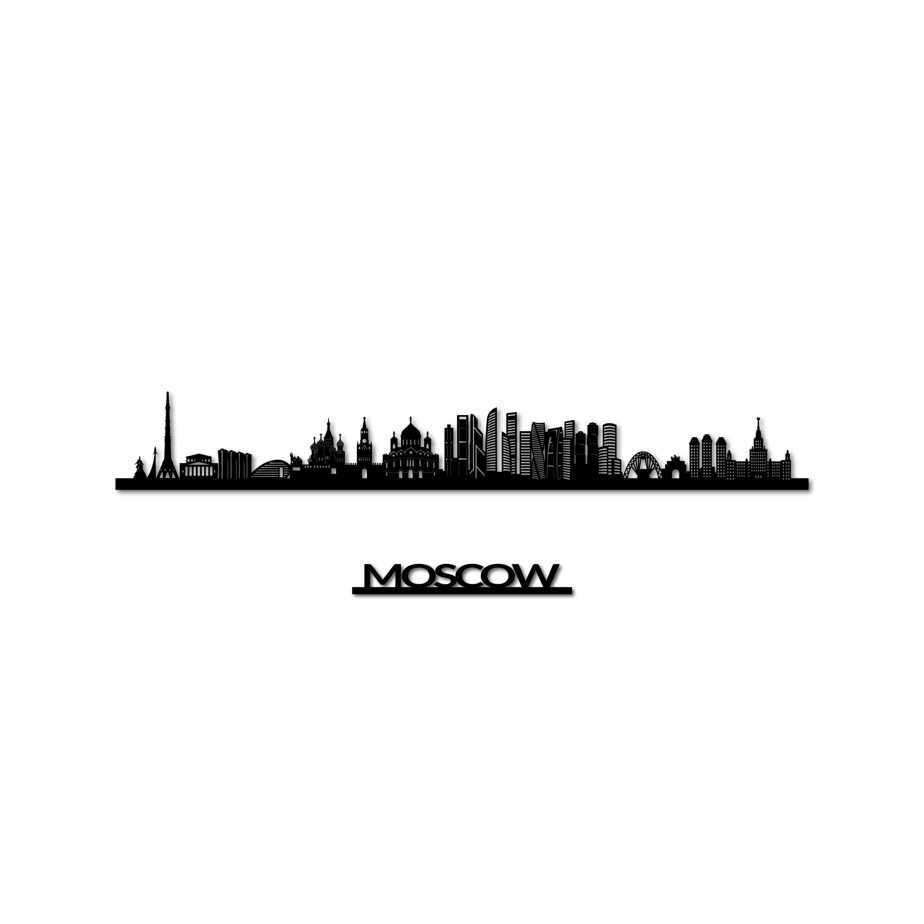 Moscow Skyline, Laser-cut in Matte Black Acrylic, with the City's Name Lettering Bellow, on a White Background
