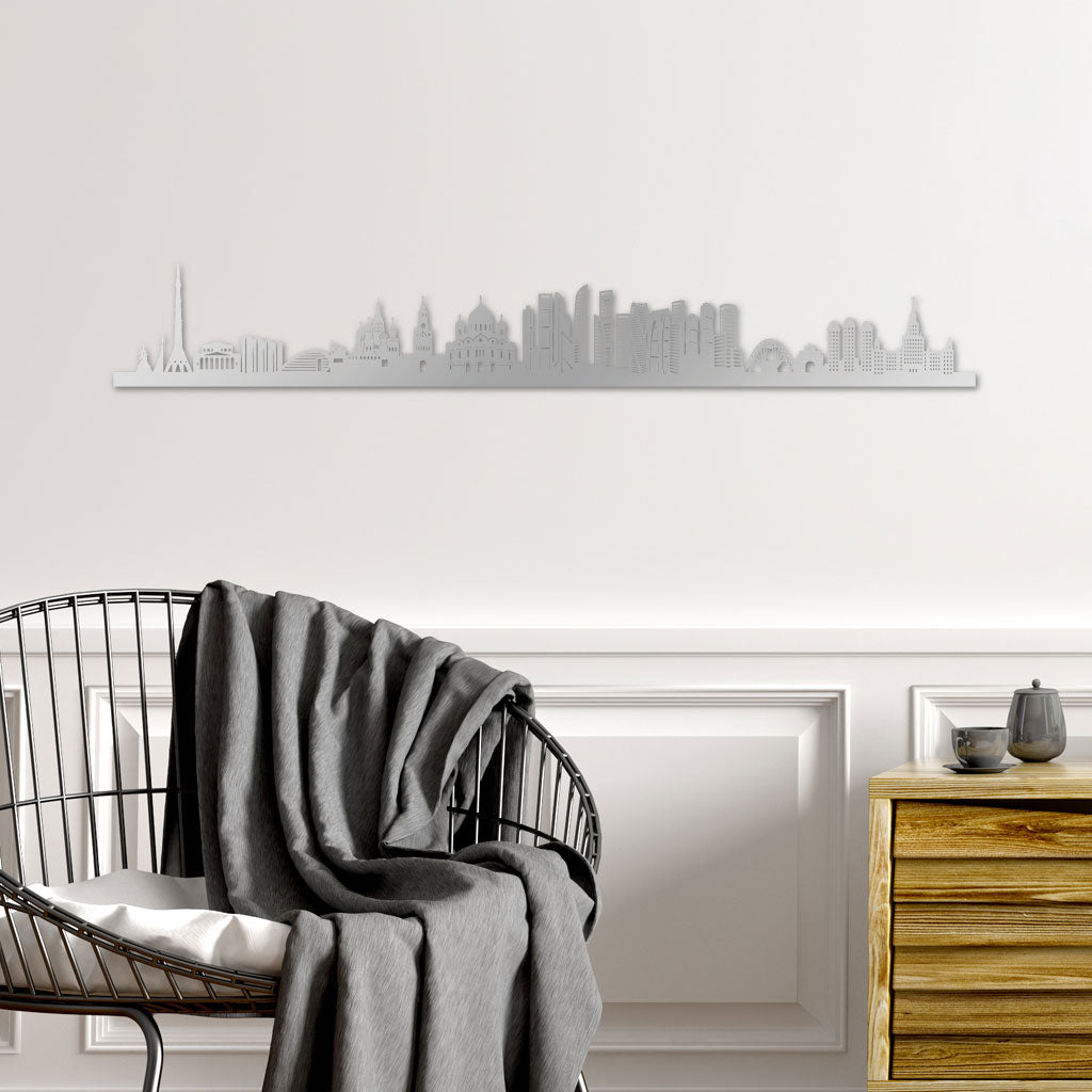 Moscow Skyline laser-cut in Silver reclycled acrylic on Seating Room's Wall