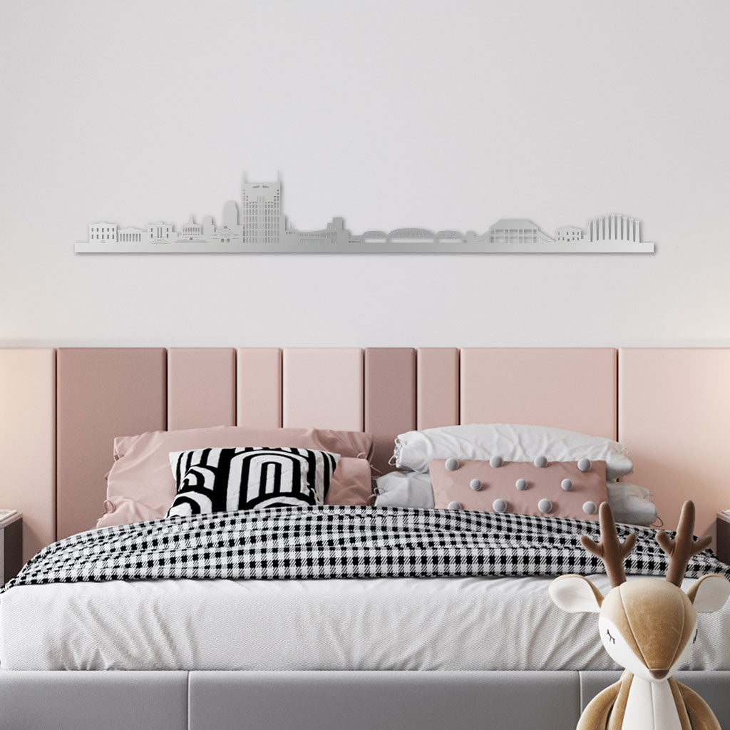 Nashville Skyline laser-cut in Silver reclycled acrylic on Seating Room's Wall