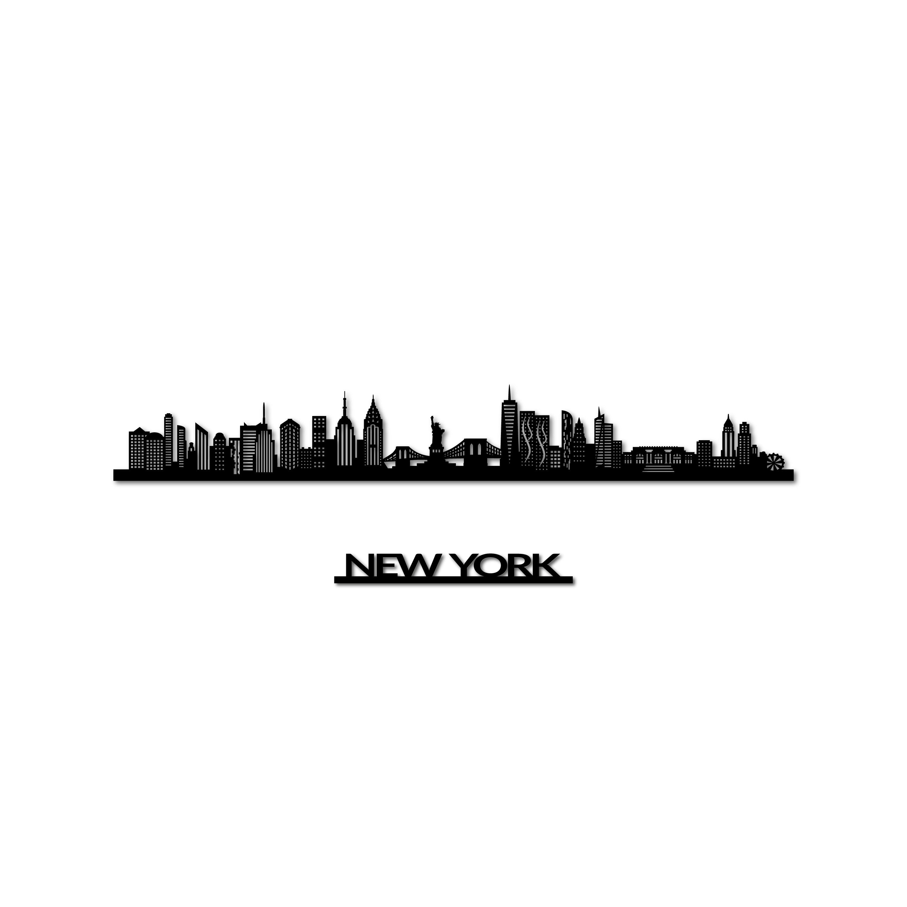 New York Skyline, Laser-cut in Matte Black Acrylic, with the City's Name Lettering Bellow, on a White Background