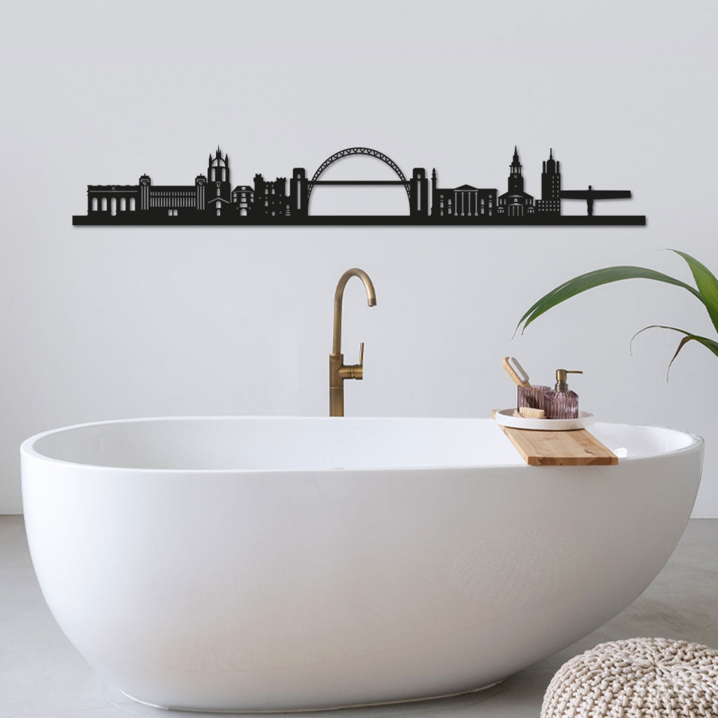 Newcastle Skyline laser-cut in Matte Black reclycled acrylic on Seating Room's Wall