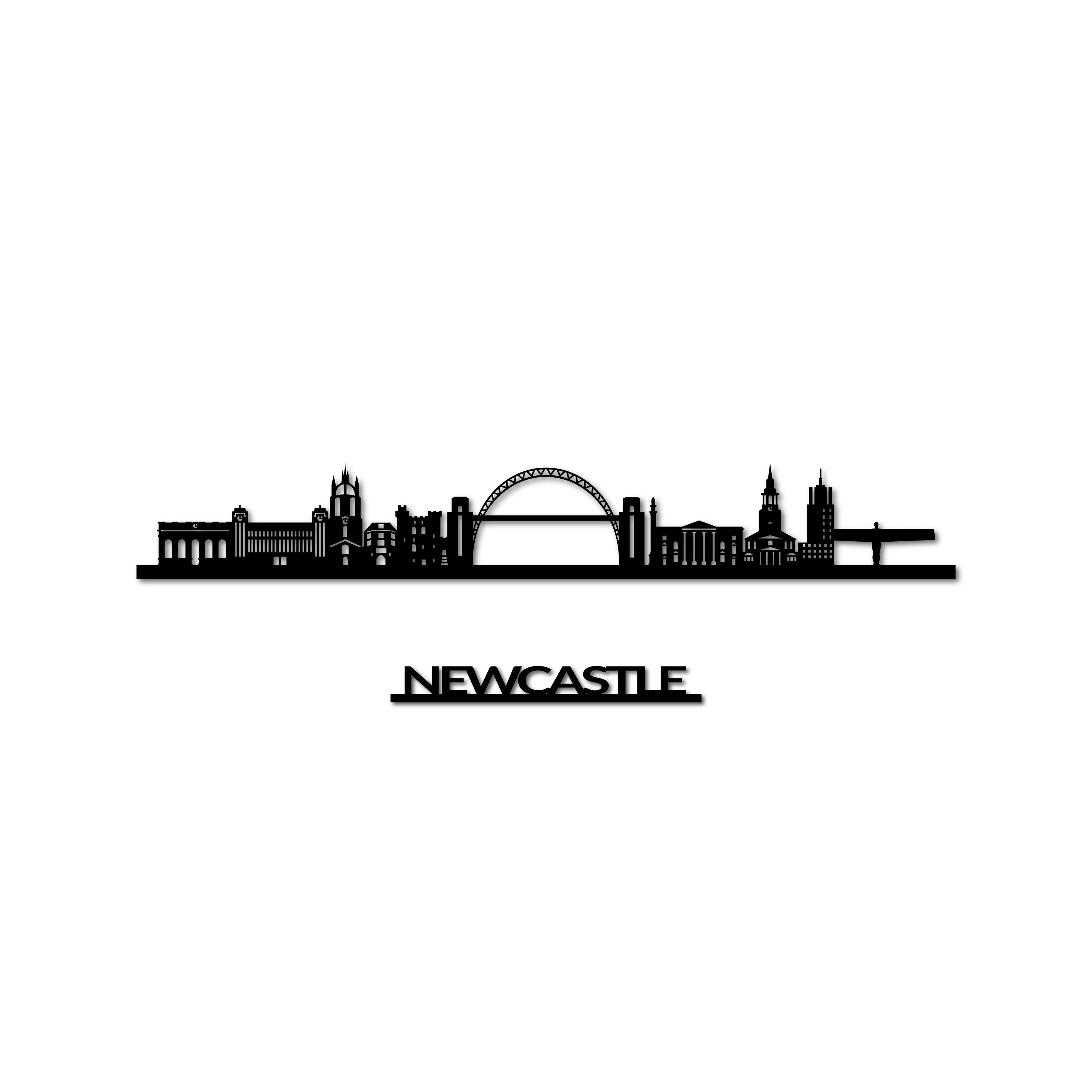 Newcastle Skyline, Laser-cut in Matte Black Acrylic, with the City's Name Lettering Bellow, on a White Background