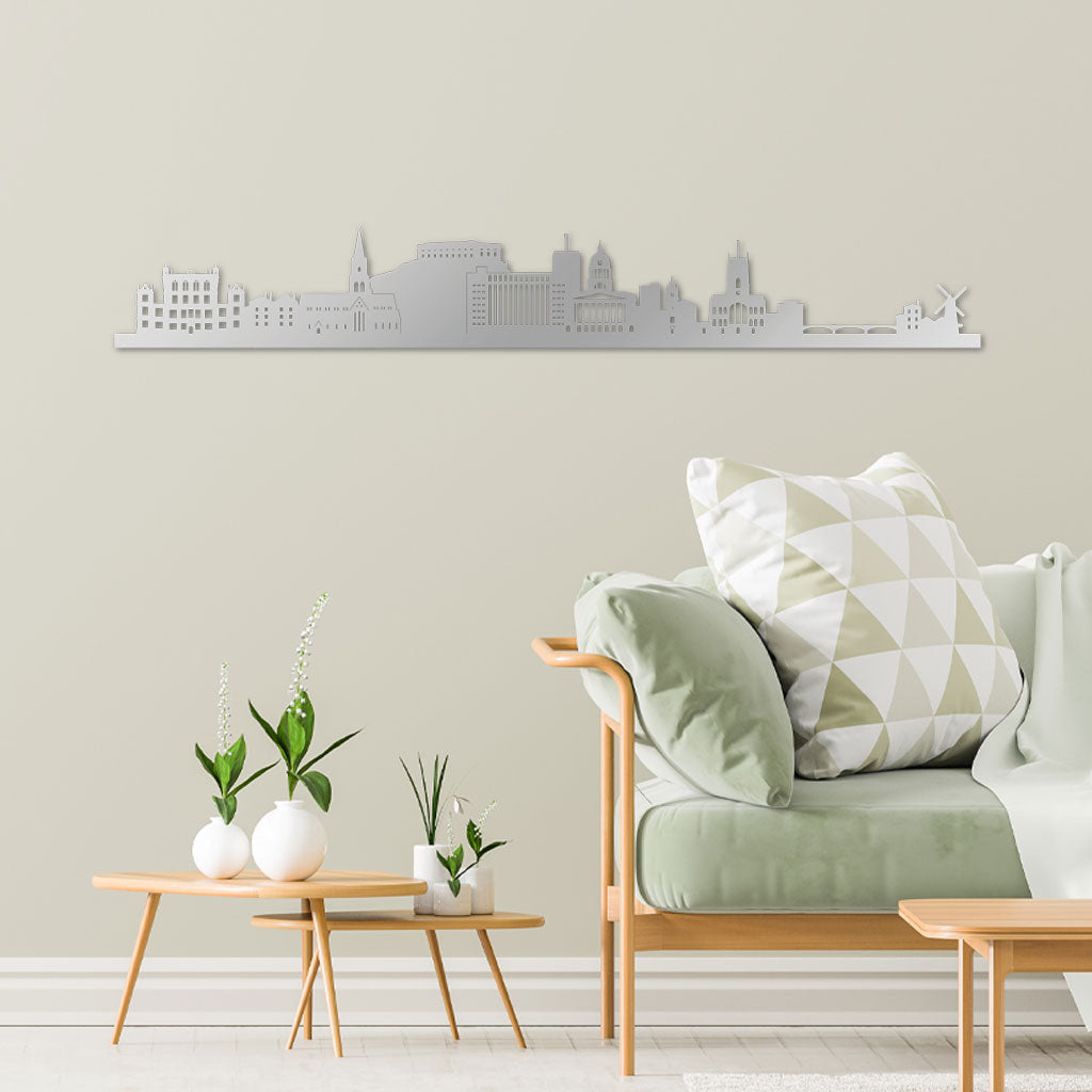 Nottingham Skyline, Laser-cut in Silver Acrylic, on a White Background