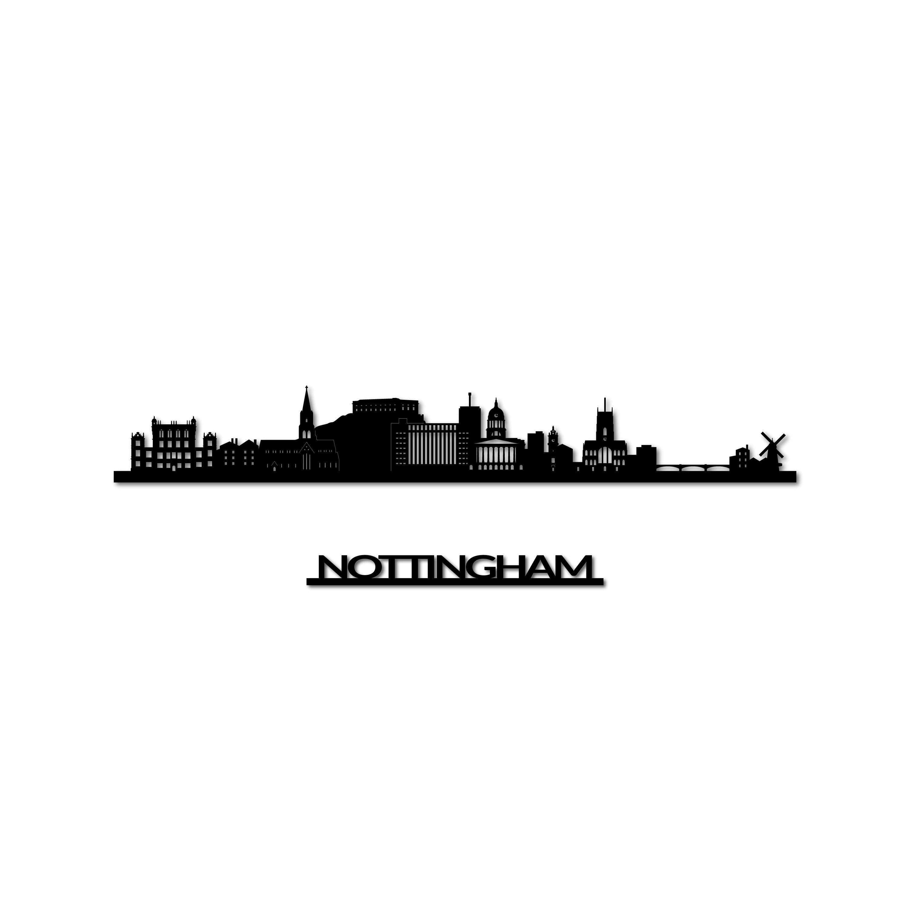 Nottingham Skyline, Laser-cut in Matte Black Acrylic, with the City's Name Lettering Bellow, on a White Background