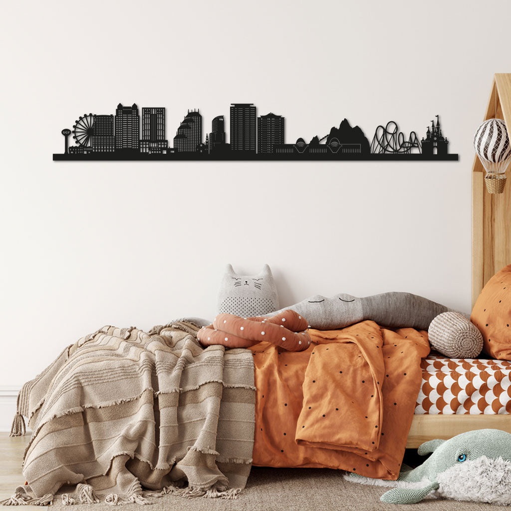 Orlando Skyline laser-cut in Matte Black reclycled acrylic on Seating Room's Wall