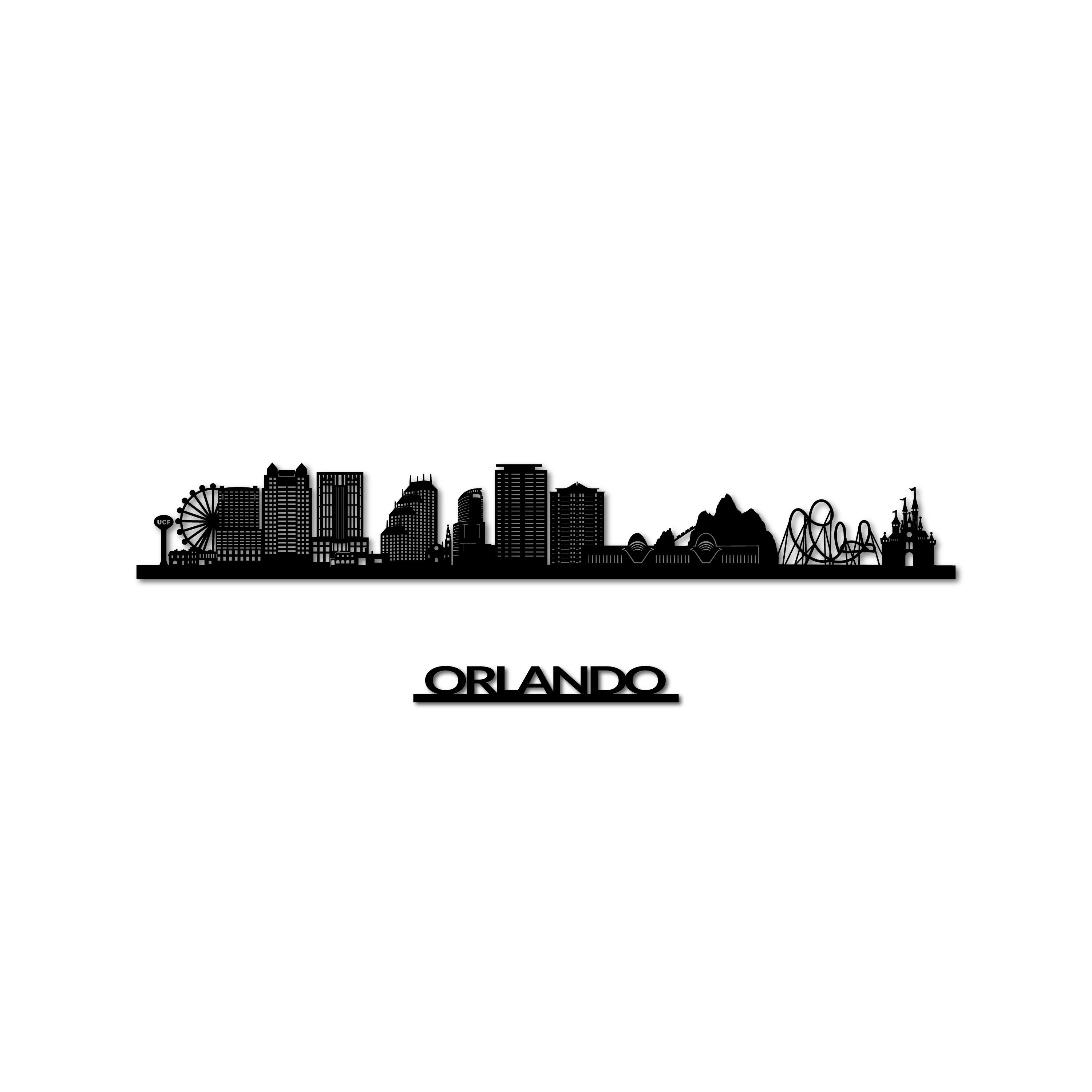 Orlando Skyline, Laser-cut in Matte Black Acrylic, with the City's Name Lettering Bellow, on a White Background