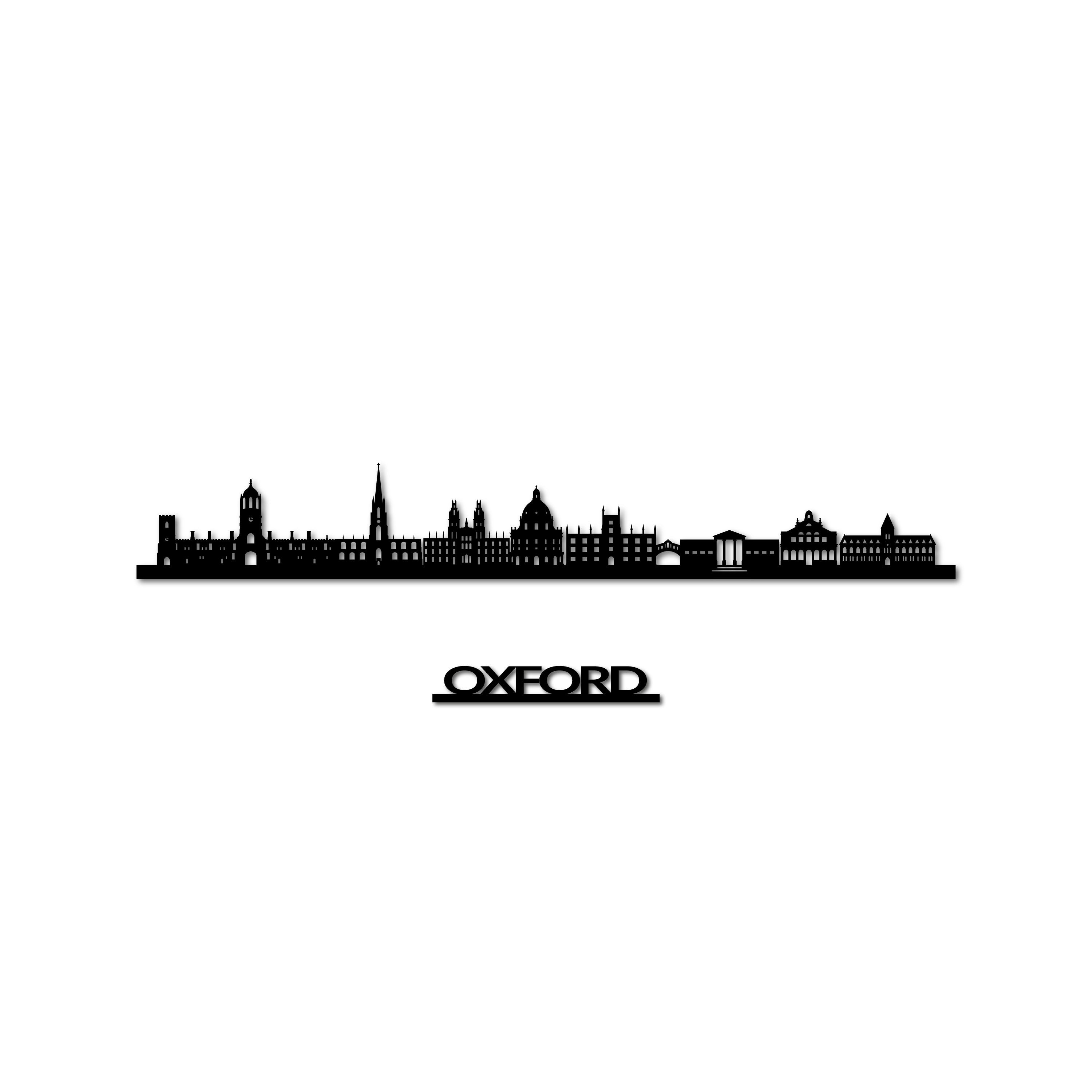 Oxford Skyline, Laser-cut in Matte Black Acrylic, with the City's Name Lettering Bellow, on a White Background