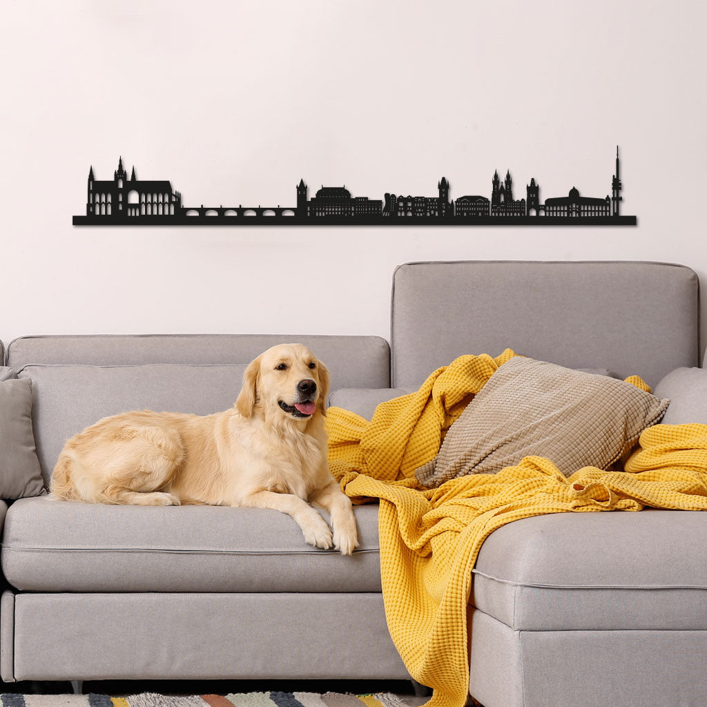 Prague Skyline laser-cut in Matte Black reclycled acrylic on Seating Room's Wall