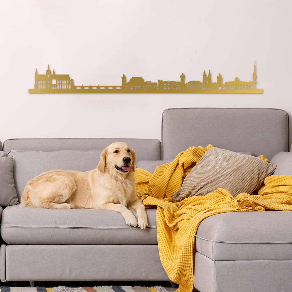 Pague Skyline Gold in living room wall grey sofa with Golden Retriever