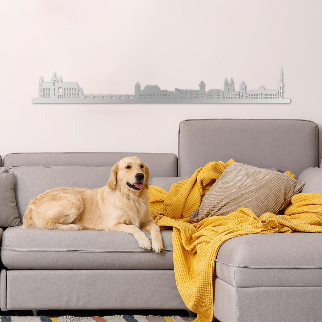 Prague Skyline laser-cut in Silver reclycled acrylic on Seating Room's Wall