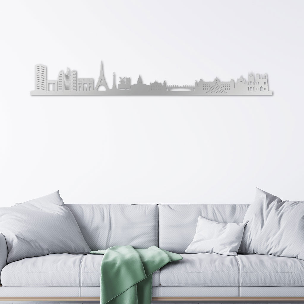 Paris Skyline laser-cut in Silver reclycled acrylic on Seating Room's Wall