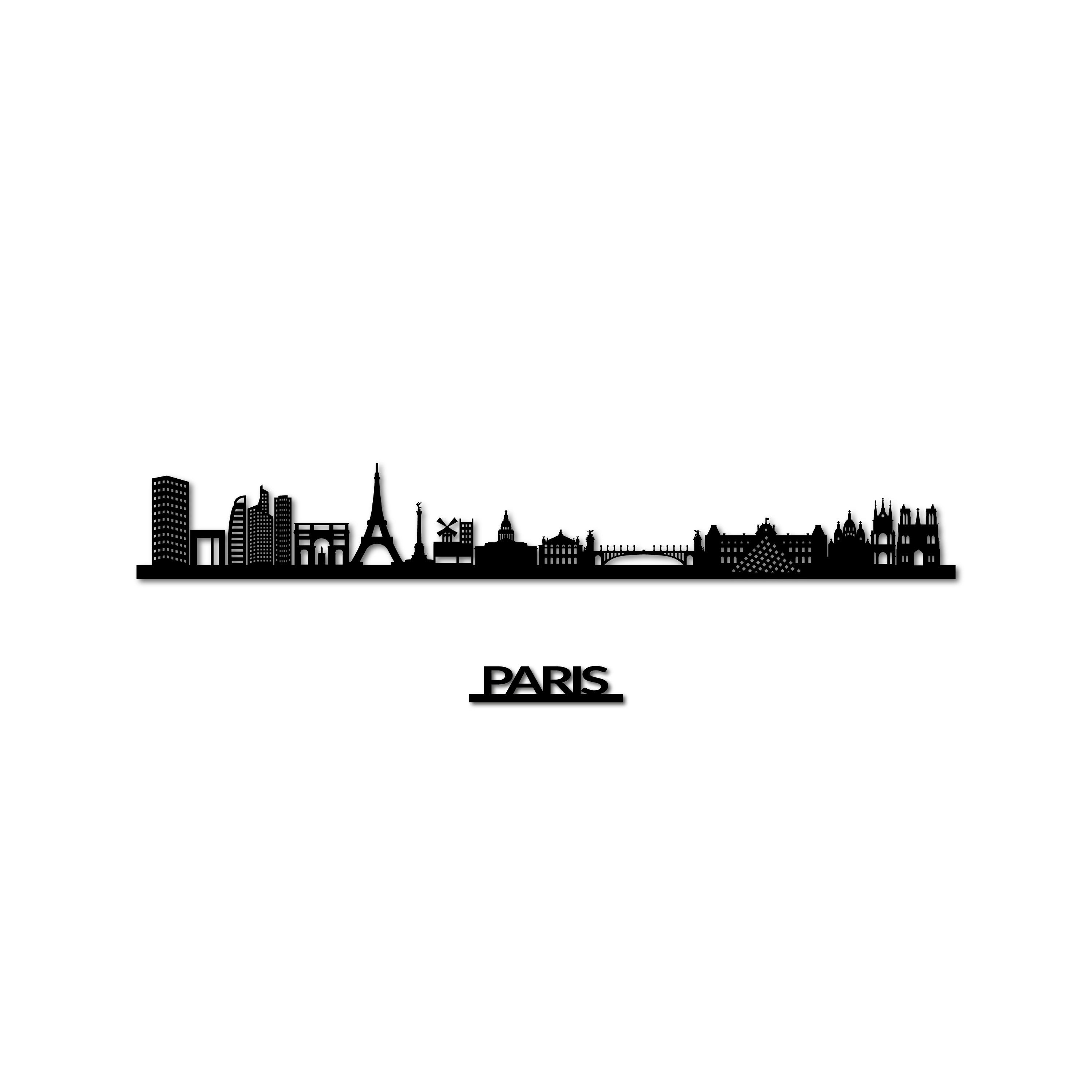 Paris Skyline, Laser-cut in Matte Black Acrylic, with the City's Name Lettering Bellow, on a White Background