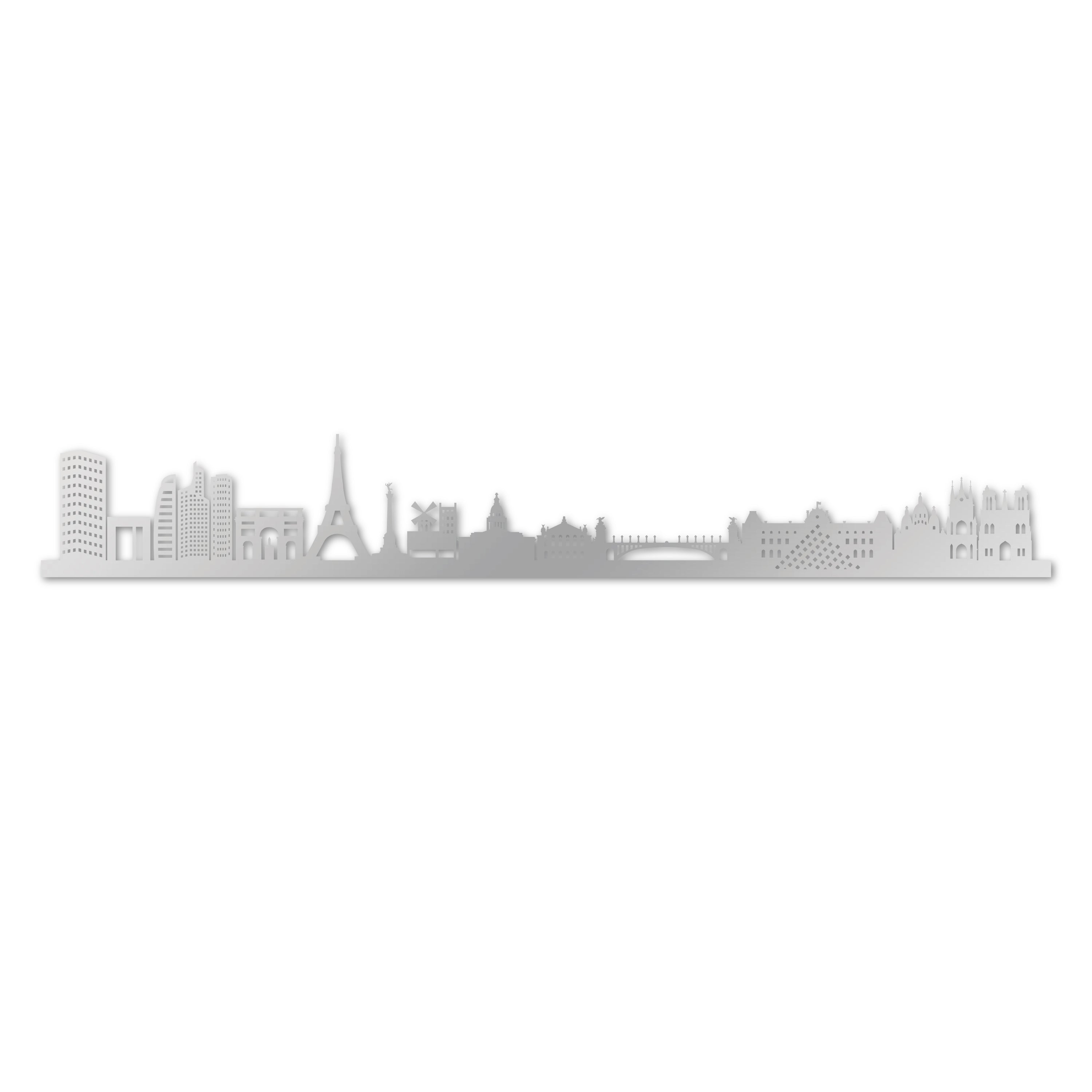 Paris Skyline, Laser-cut in Silver Acrylic, on a White Background