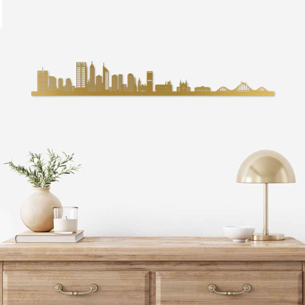 Perth Skyline laser-cut in Gold reclycled acrylic on Seating Room's Wall