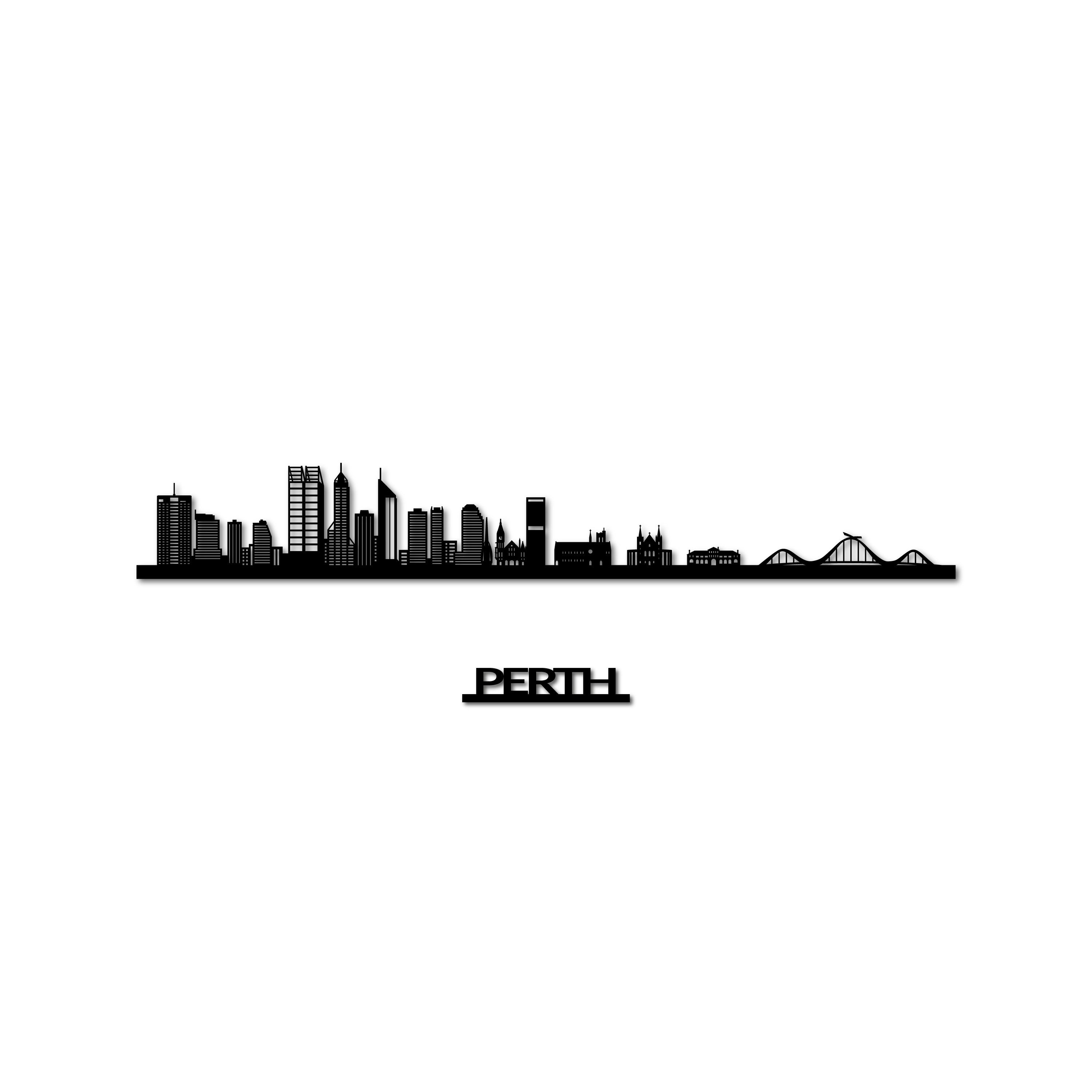 Perth Skyline, Laser-cut in Matte Black Acrylic, with the City's Name Lettering Bellow, on a White Background