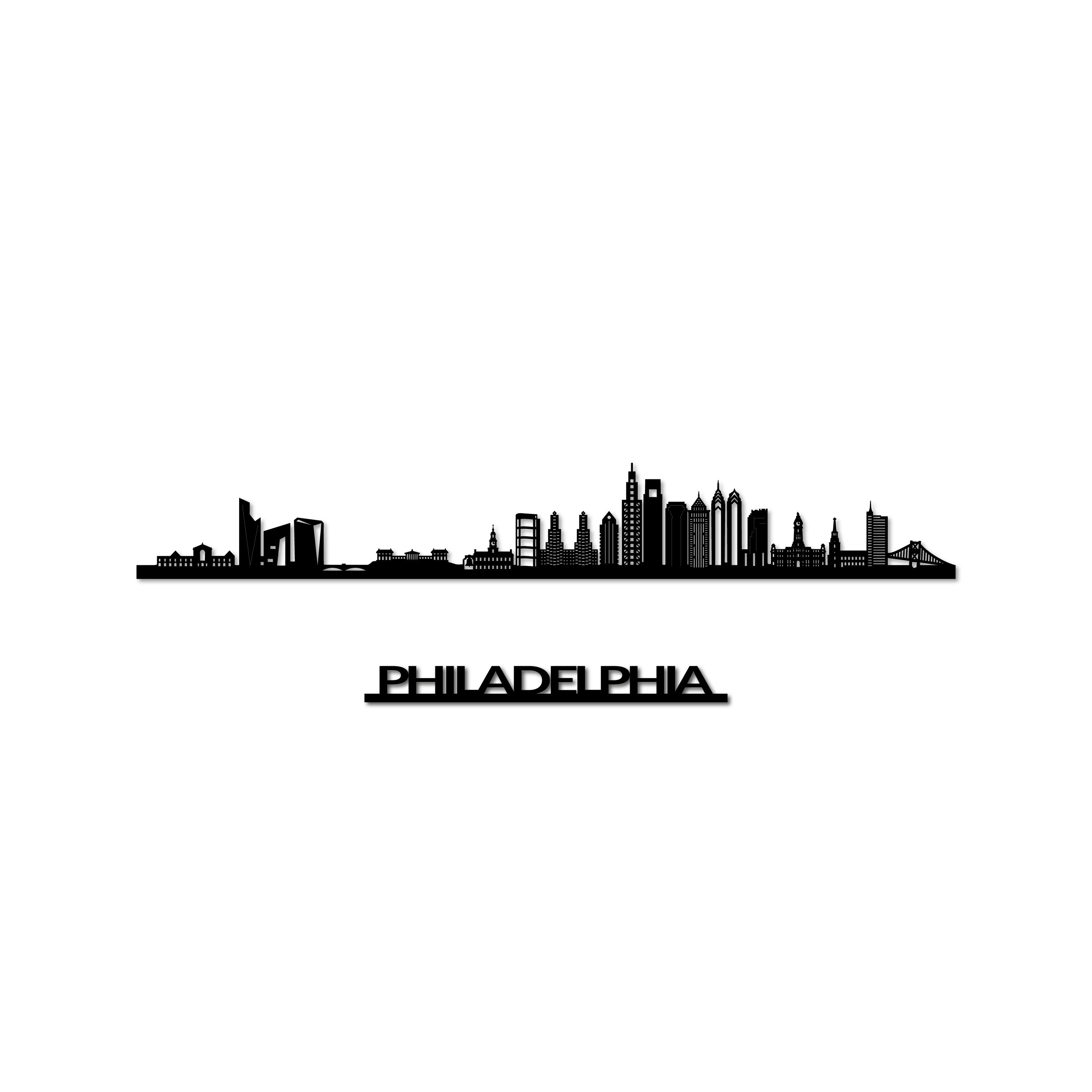 Philadelphia Skyline, Laser-cut in Matte Black Acrylic, with the City's Name Lettering Bellow, on a White Background
