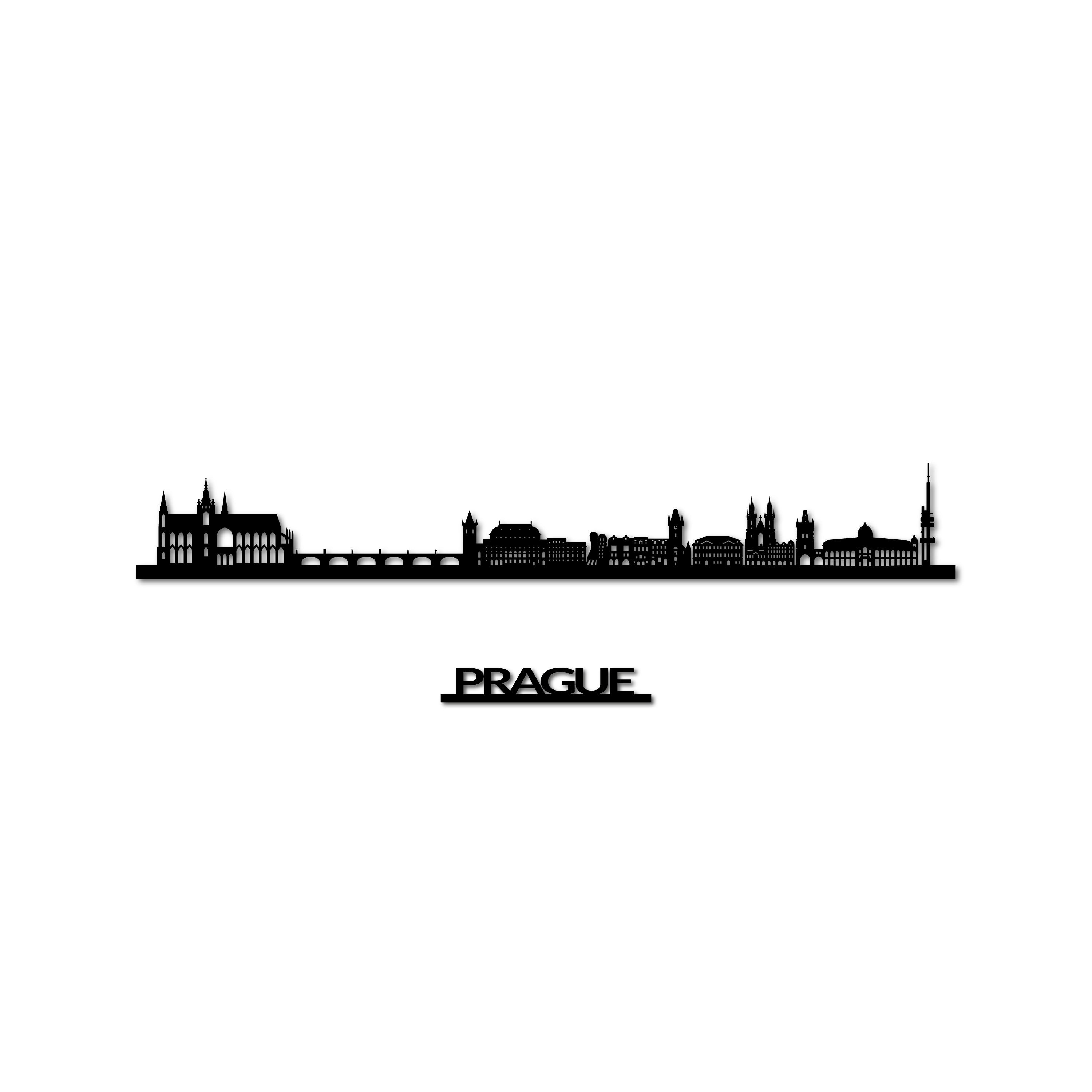 Prague Skyline, Laser-cut in Matte Black Acrylic, with the City's Name Lettering Bellow, on a White Background