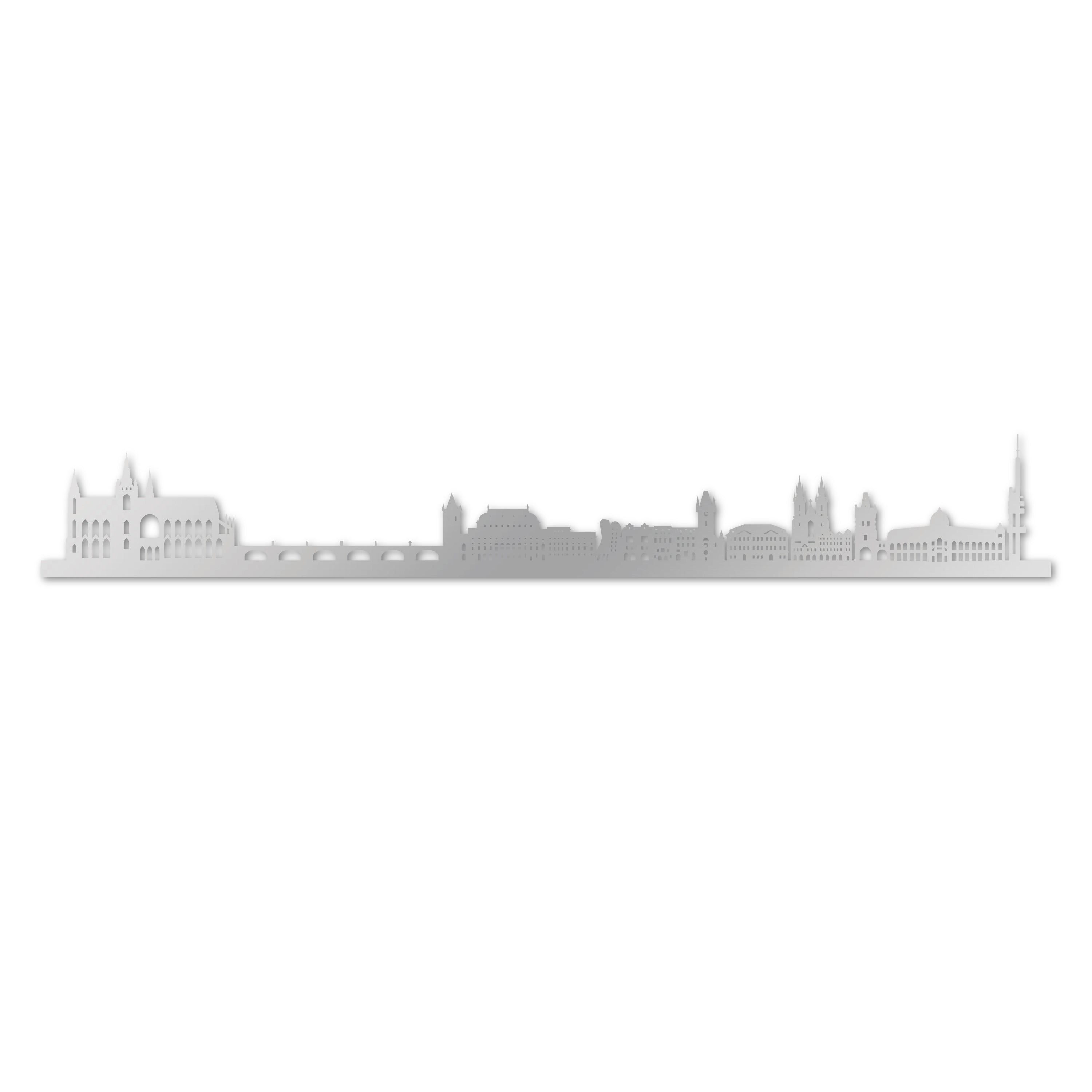 Prague Skyline, Laser-cut in Silver Acrylic, on a White Background