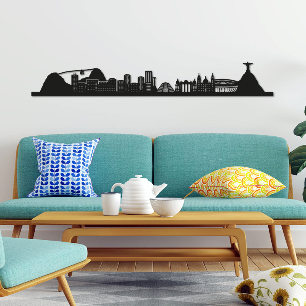 Rio De Janeiro Skyline laser-cut in Matte Black reclycled acrylic on Seating Room's Wall