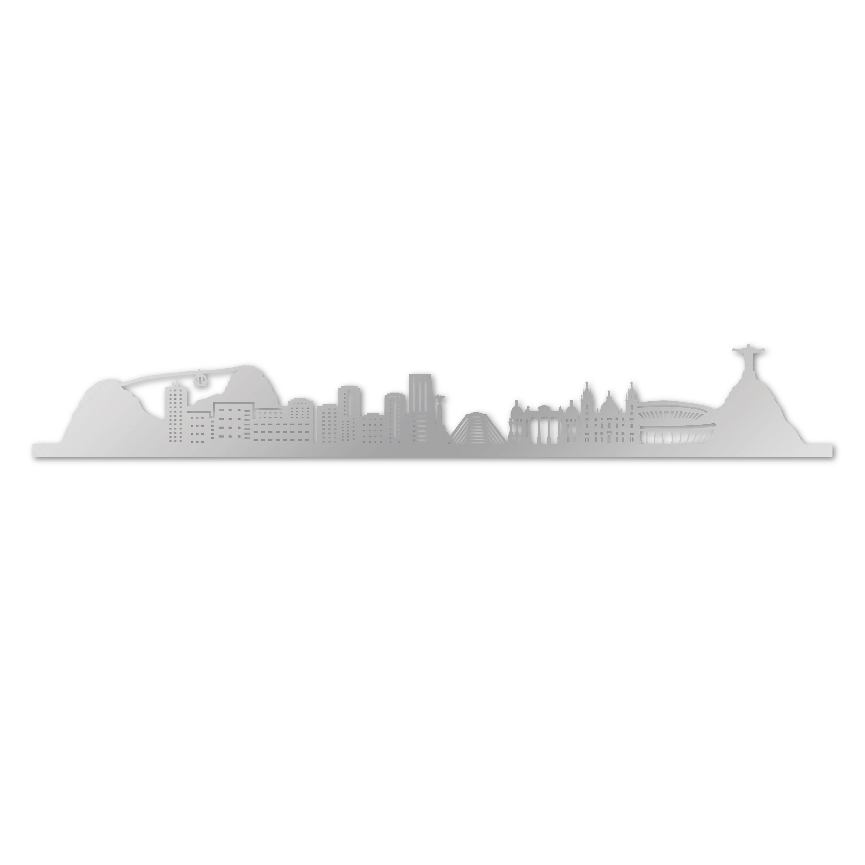 Rio De Janeiro Skyline, Laser-cut in Silver Acrylic, on a White Background