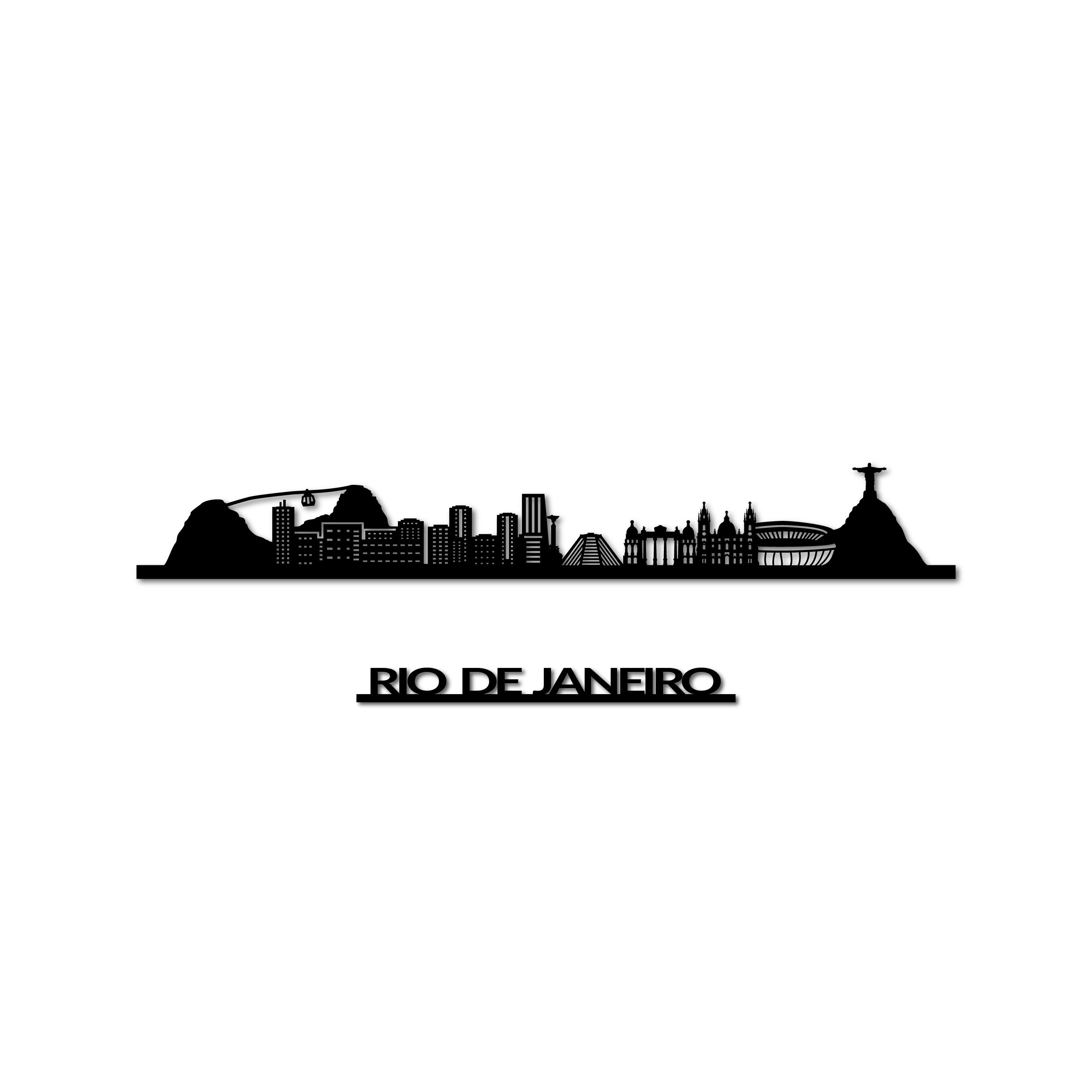 Rio De Janeiro Skyline, Laser-cut in Matte Black Acrylic, with the City's Name Lettering Bellow, on a White Background