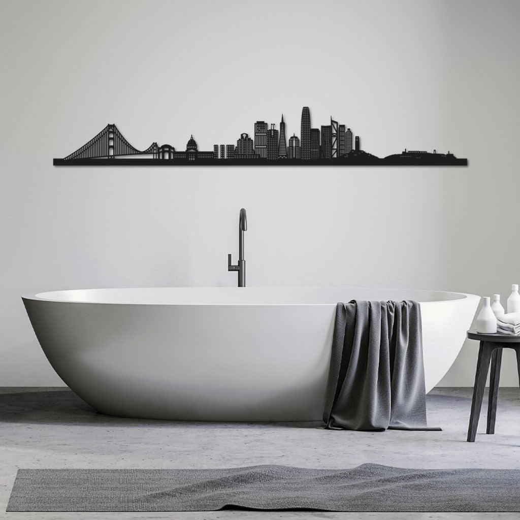 San Francisco Skyline laser-cut in Matte Black reclycled acrylic on Seating Room's Wall
