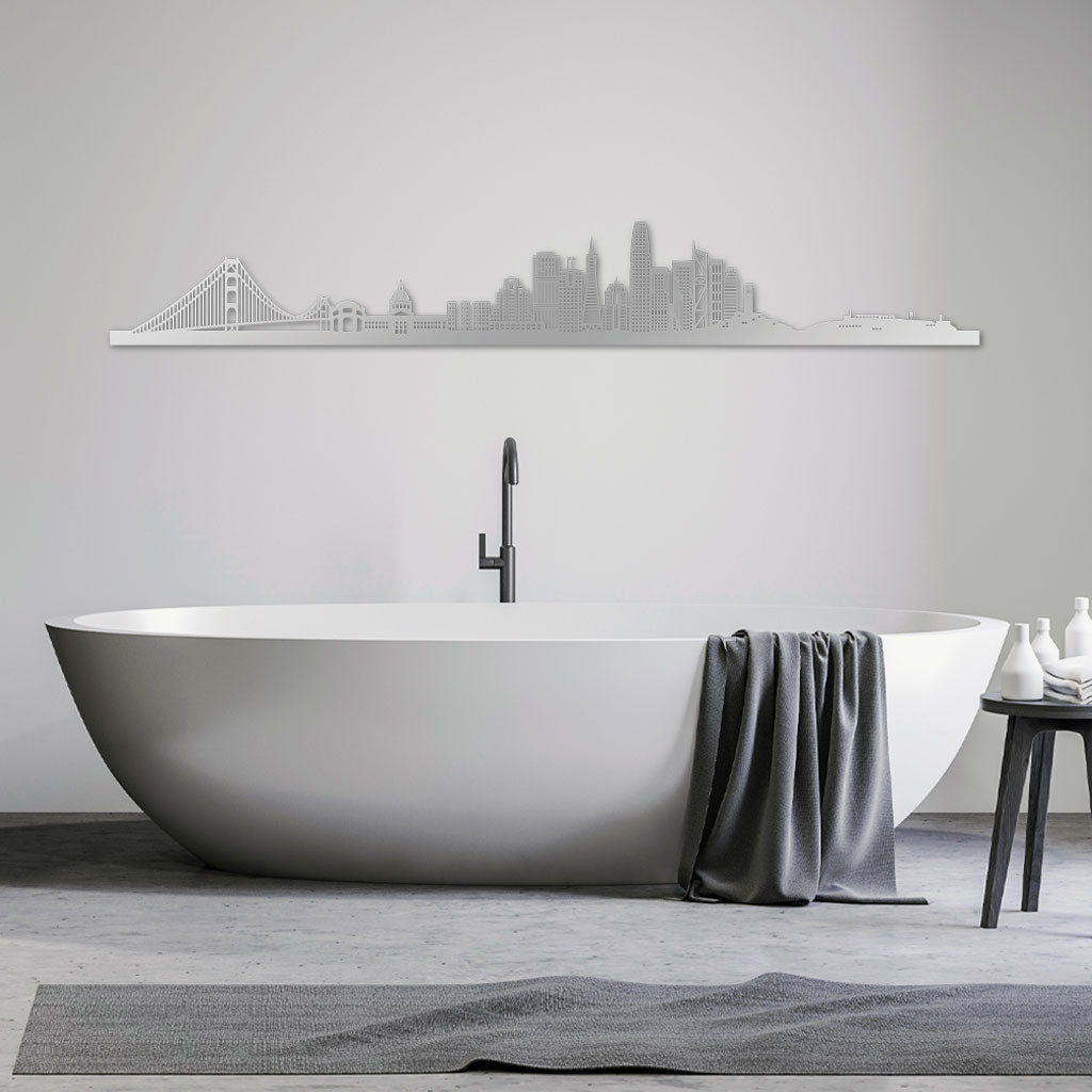 San Francisco Skyline laser-cut in Silver reclycled acrylic on Seating Room's Wall
