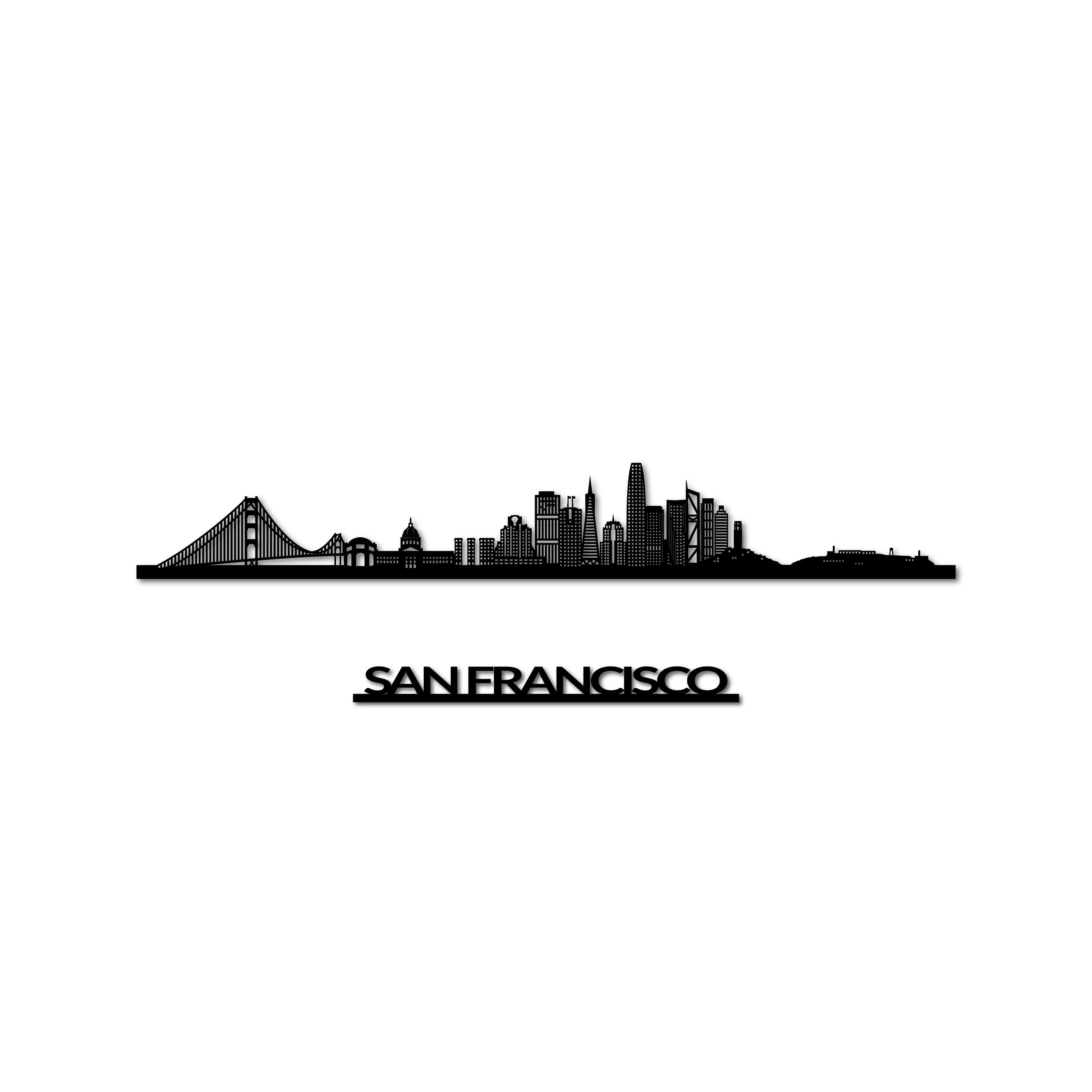 San Francisco Skyline, Laser-cut in Matte Black Acrylic, with the City's Name Lettering Bellow, on a White Background