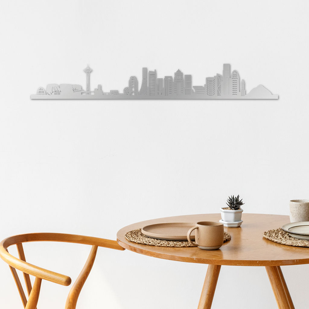 Seattle Skyline laser-cut in Silver reclycled acrylic on Seating Room's Wall
