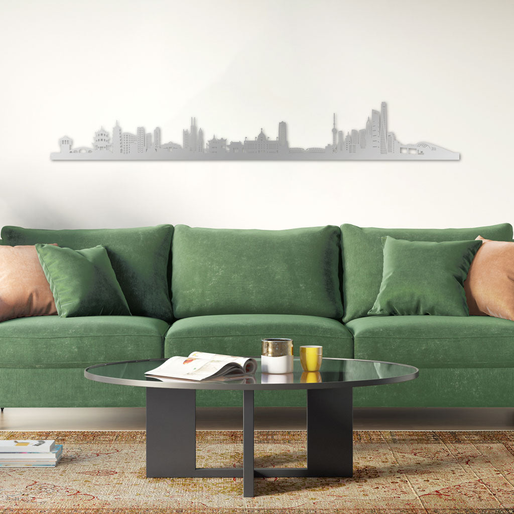 Shanghai Skyline laser-cut in Silver reclycled acrylic on Seating Room's Wall