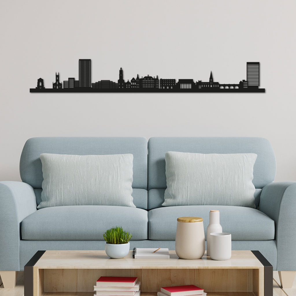 Sheffield Skyline laser-cut in Matte Black reclycled acrylic on Seating Room's Wall