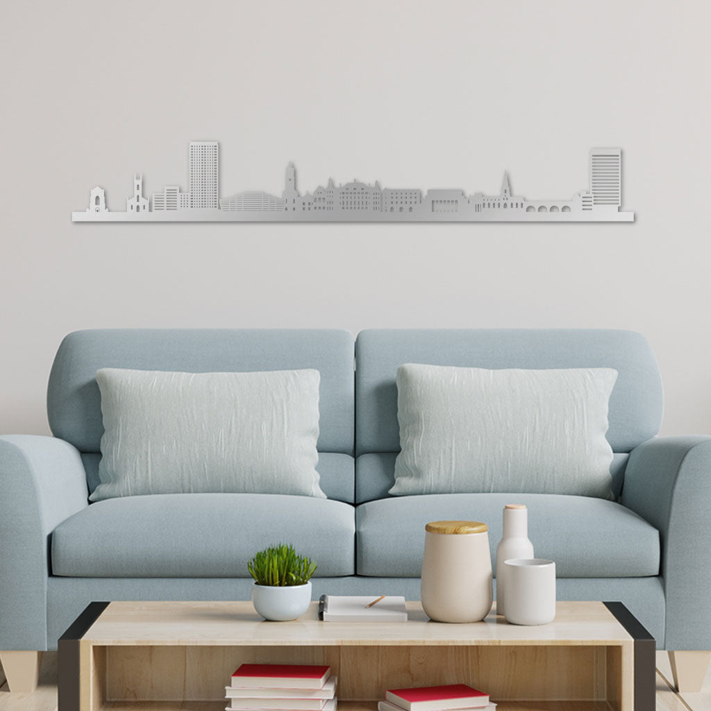 Sheffield Skyline laser-cut in Silver reclycled acrylic on Seating Room's Wall